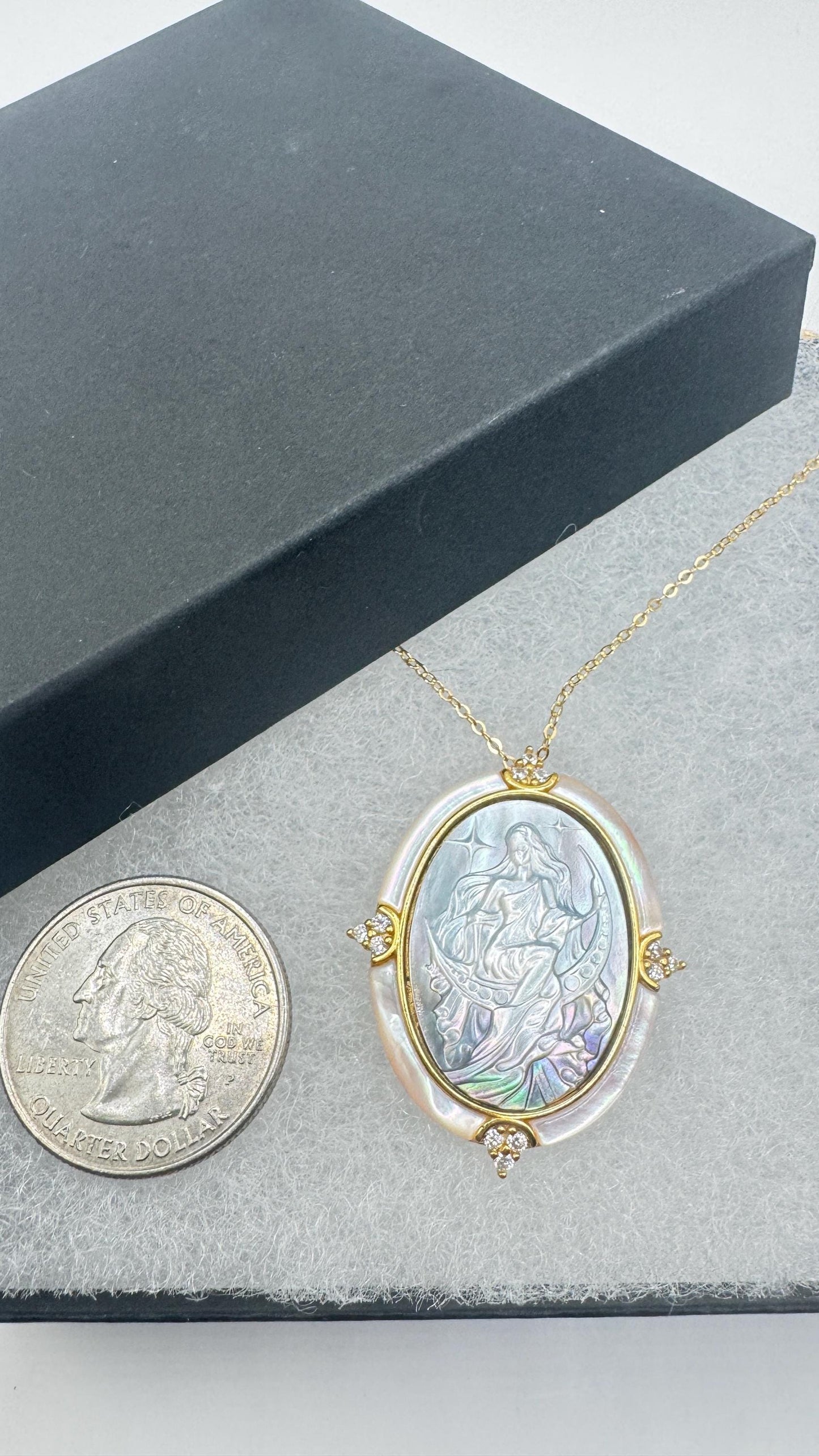 Vintage Moon Goddess Genuine Abalone Cameo Golden Sterling Silver Necklace Pin brooch