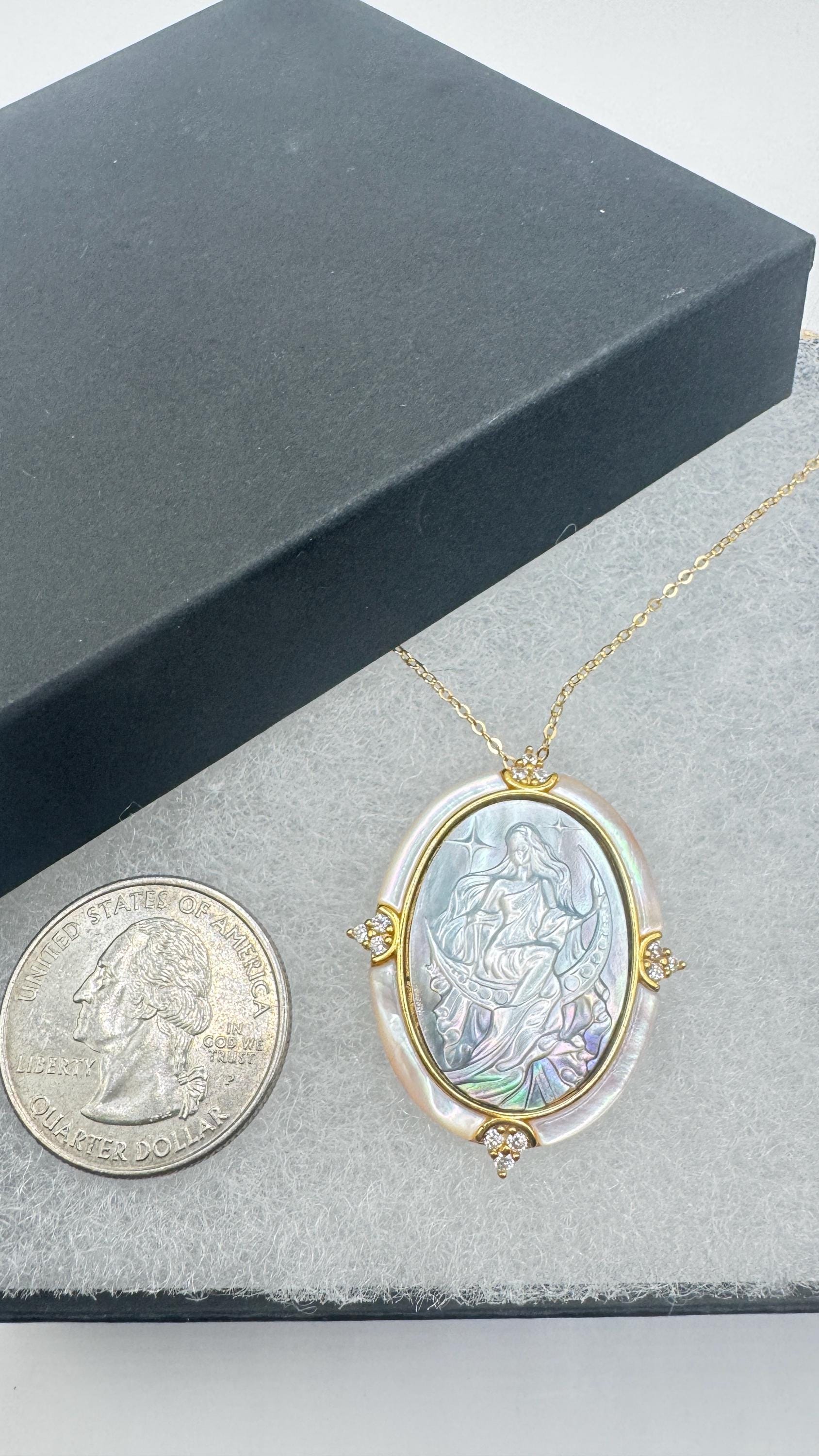 Vintage Moon Goddess Genuine Abalone Cameo Golden Sterling Silver Necklace Pin brooch