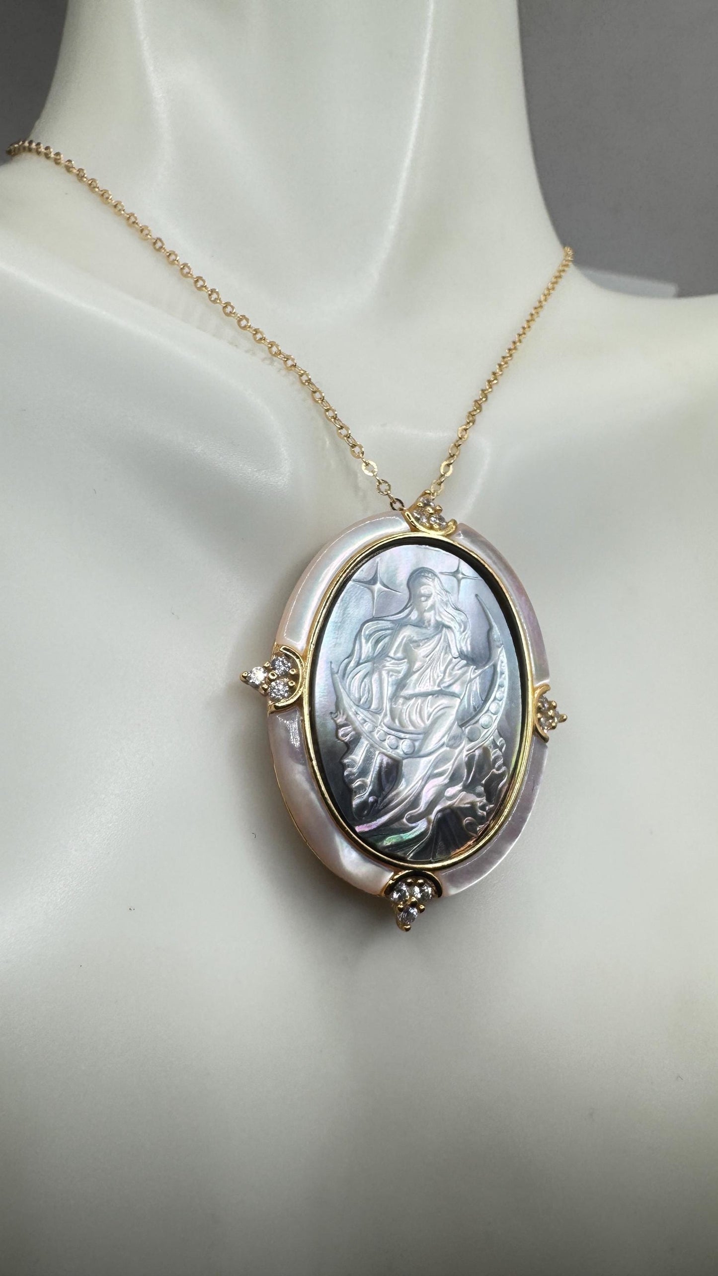 Vintage Moon Goddess Genuine Abalone Cameo Golden Sterling Silver Necklace Pin brooch