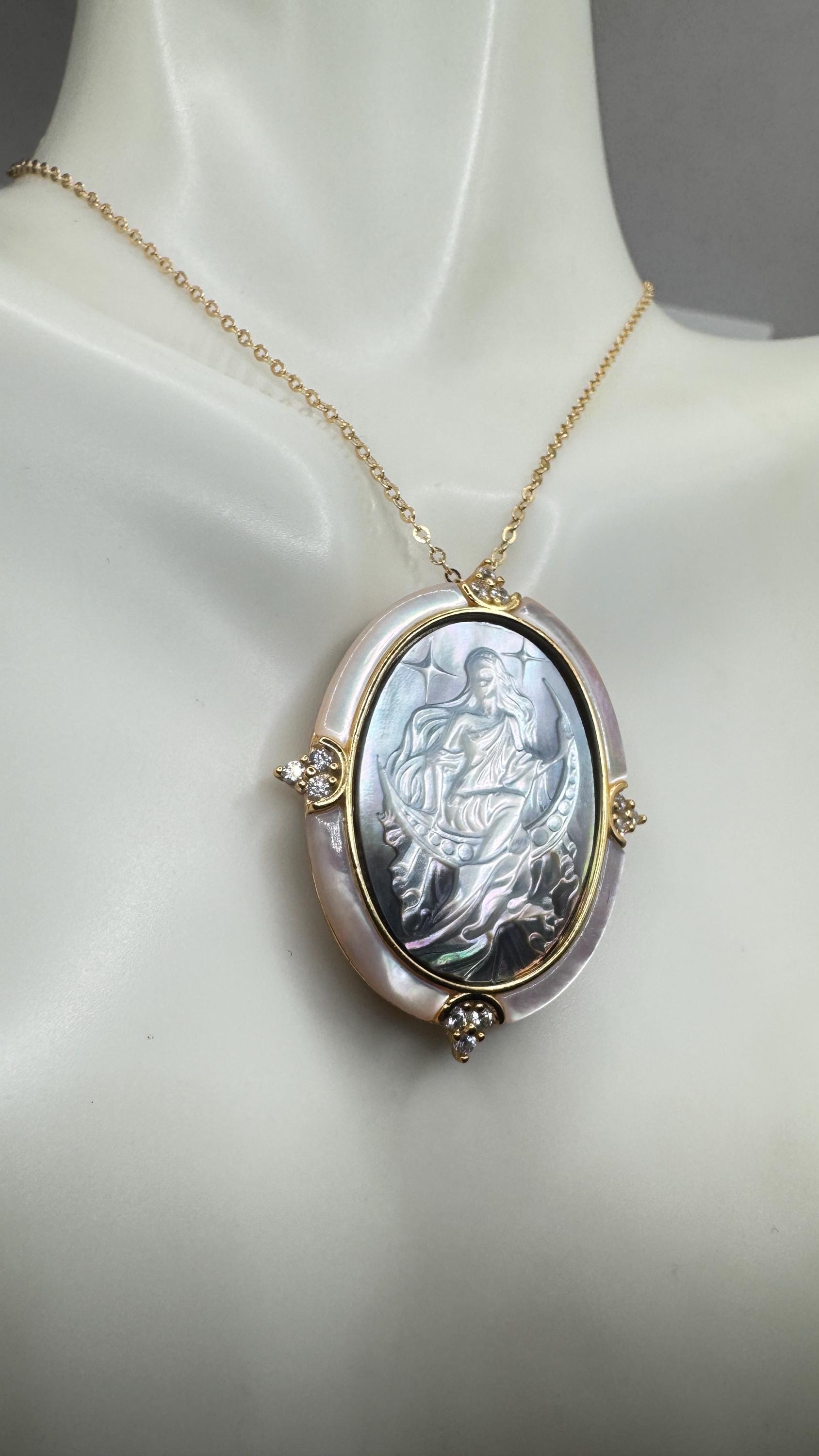Vintage Moon Goddess Genuine Abalone Cameo Golden Sterling Silver Necklace Pin brooch