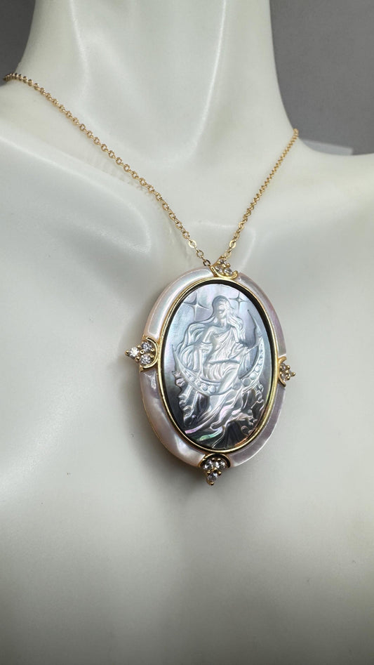 Vintage Moon Goddess Genuine Abalone Cameo Golden Sterling Silver Necklace Pin brooch