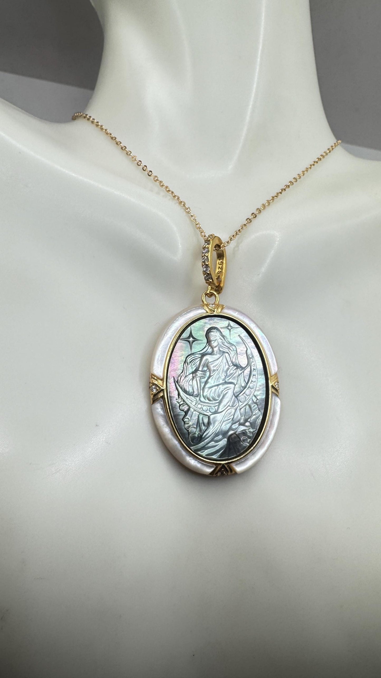 Vintage Moon Goddess Genuine Abalone Cameo Golden Sterling Silver Necklace