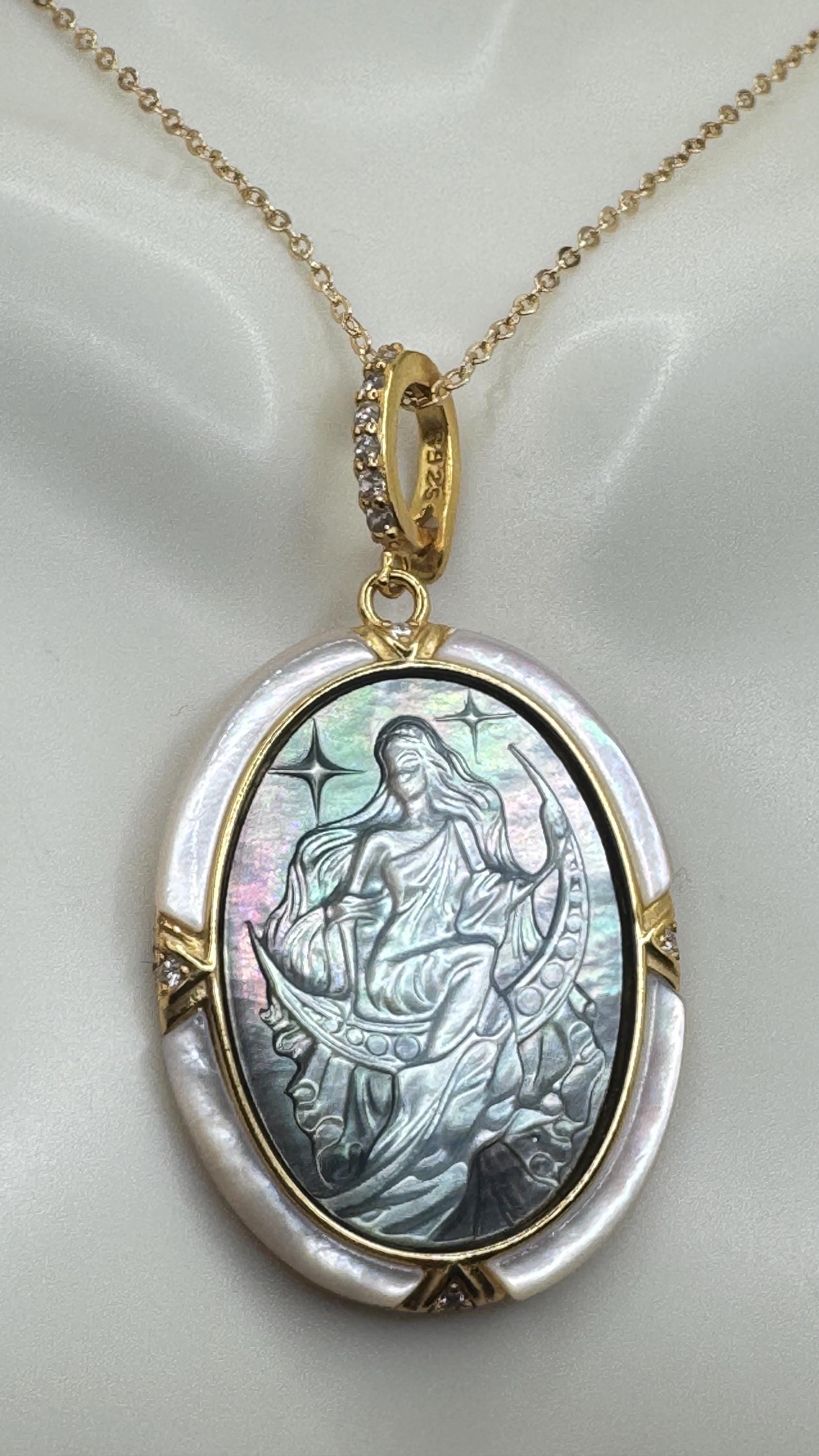 Vintage Moon Goddess Genuine Abalone Cameo Golden Sterling Silver Necklace