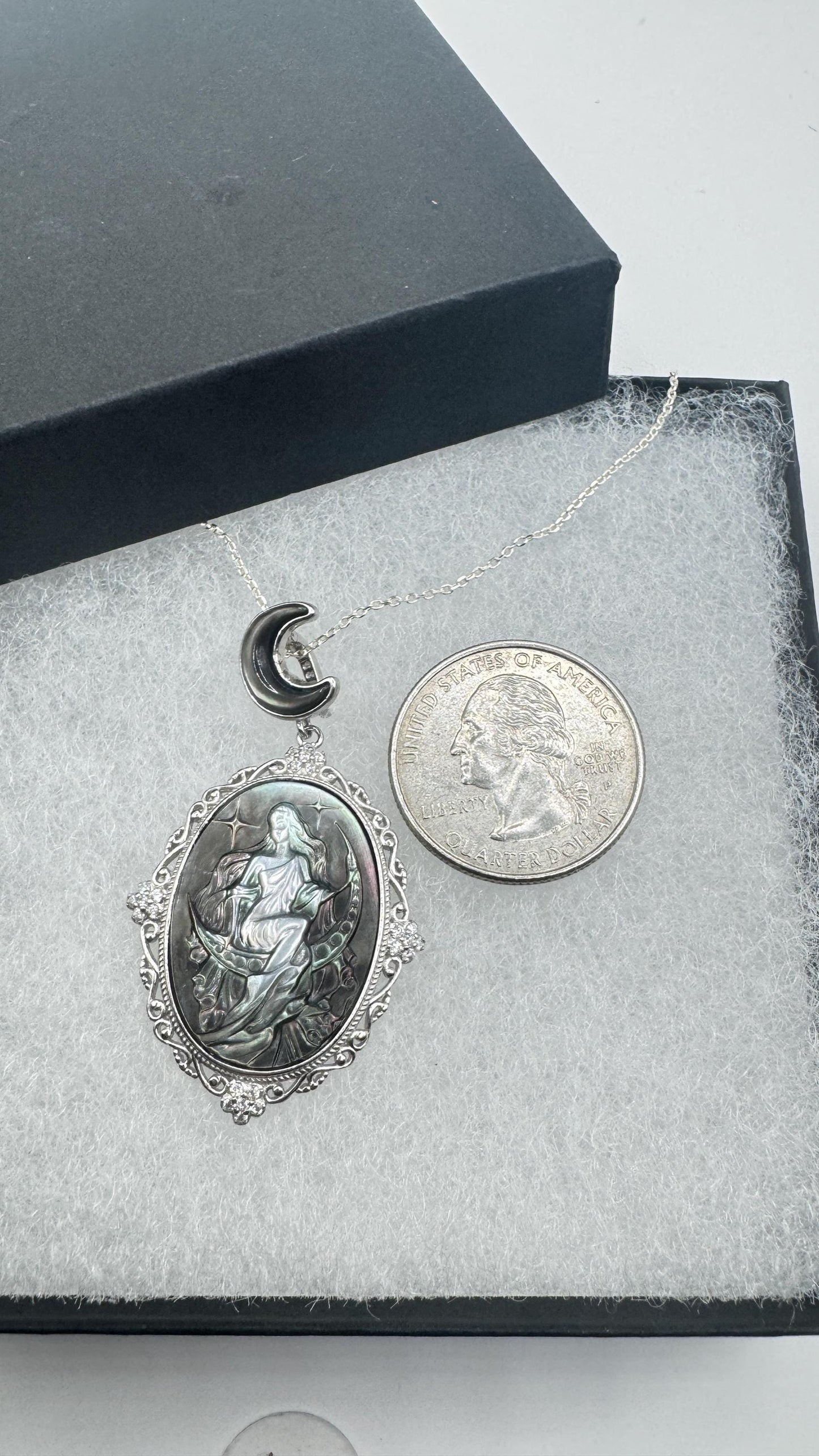 Vintage Moon Goddess Genuine Abalone Cameo Sterling Silver Necklace