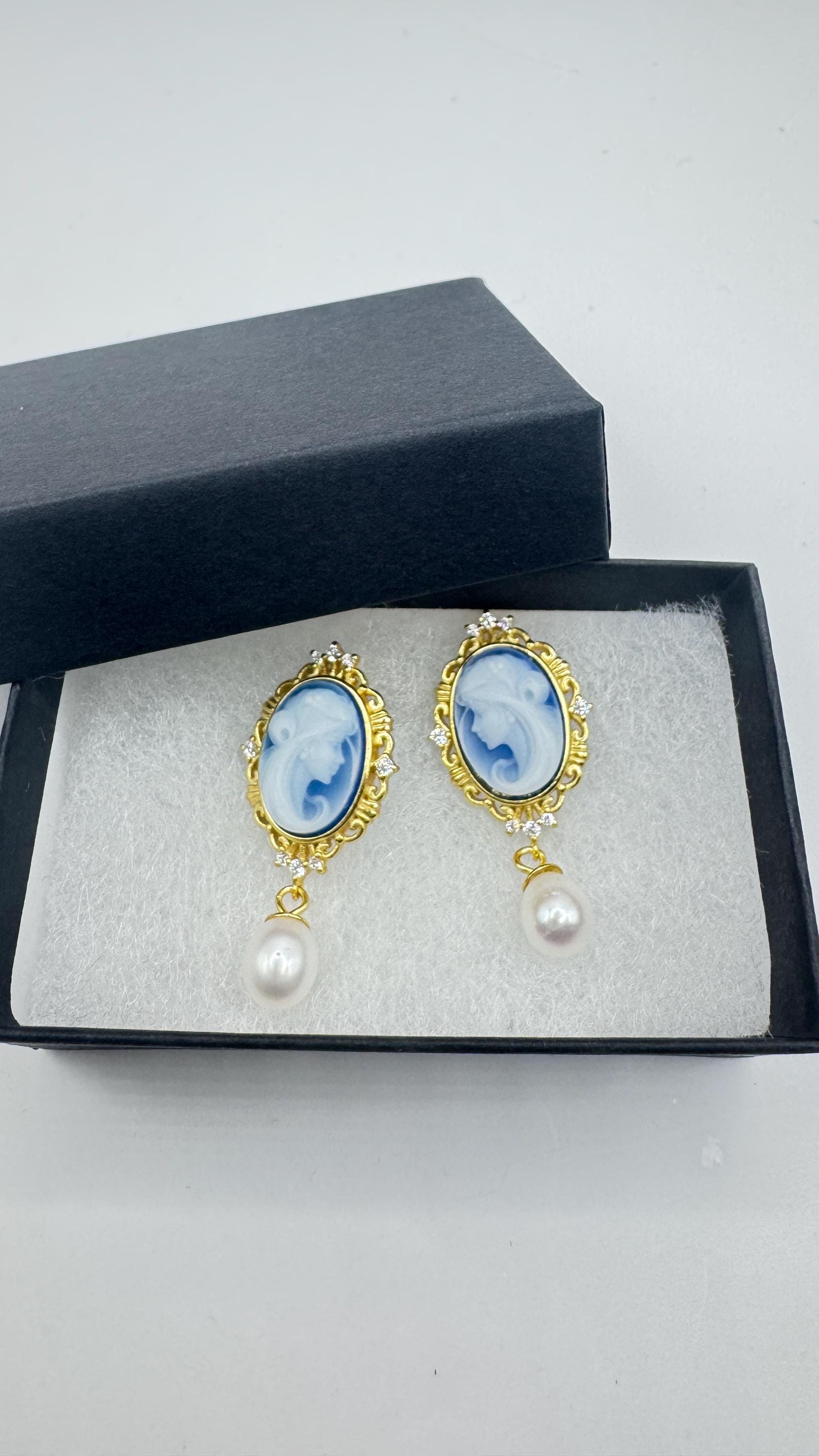 Vintage Blue Onyx Cameo Yellow Gold 925 Sterling Silver Earrings