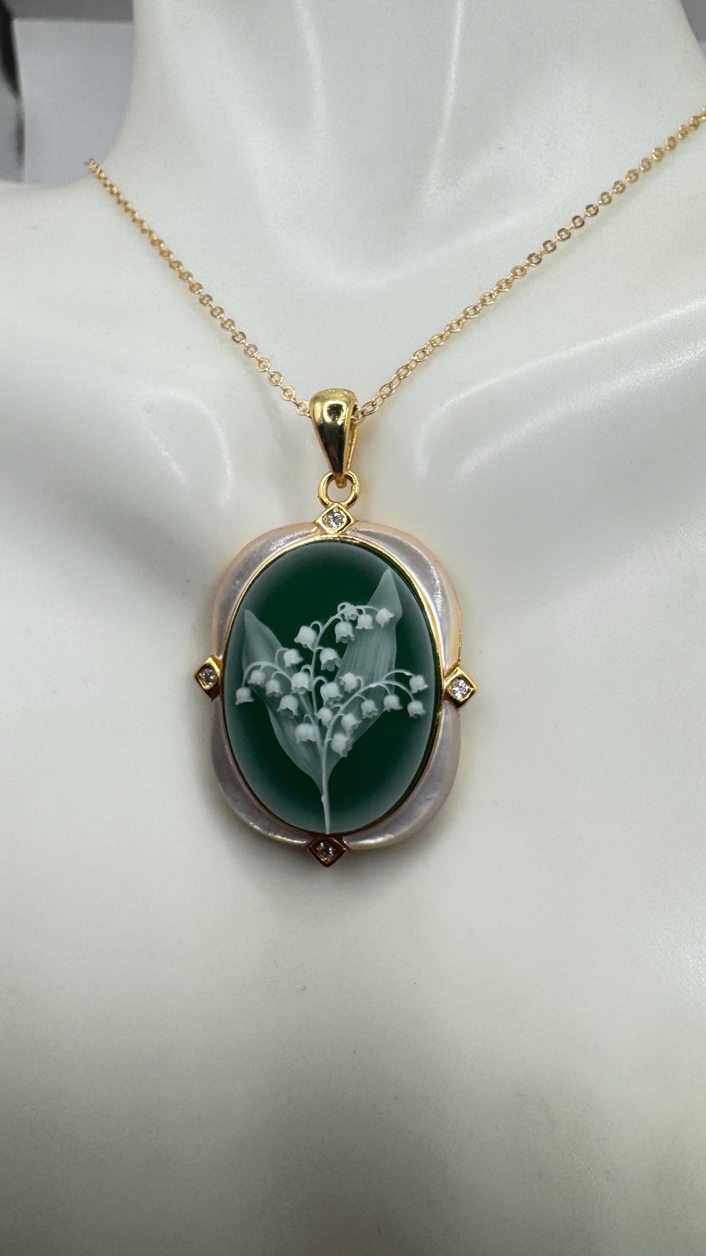 Vintage Lily of the Valley Green Onyx Cameo Choker 925 Sterling Silver Necklace