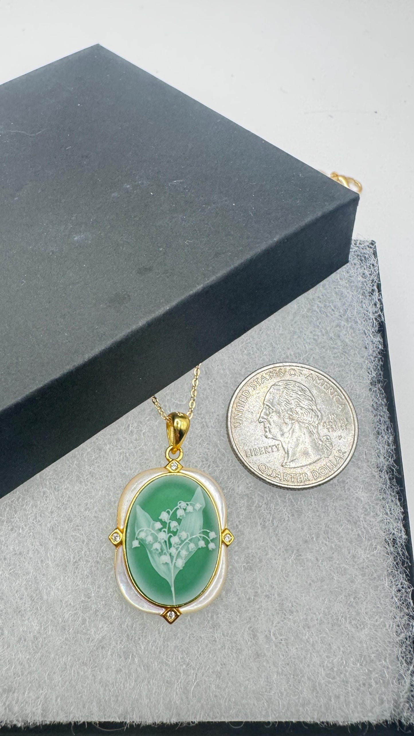 Vintage Lily of the Valley Green Onyx Cameo Choker 925 Sterling Silver Necklace
