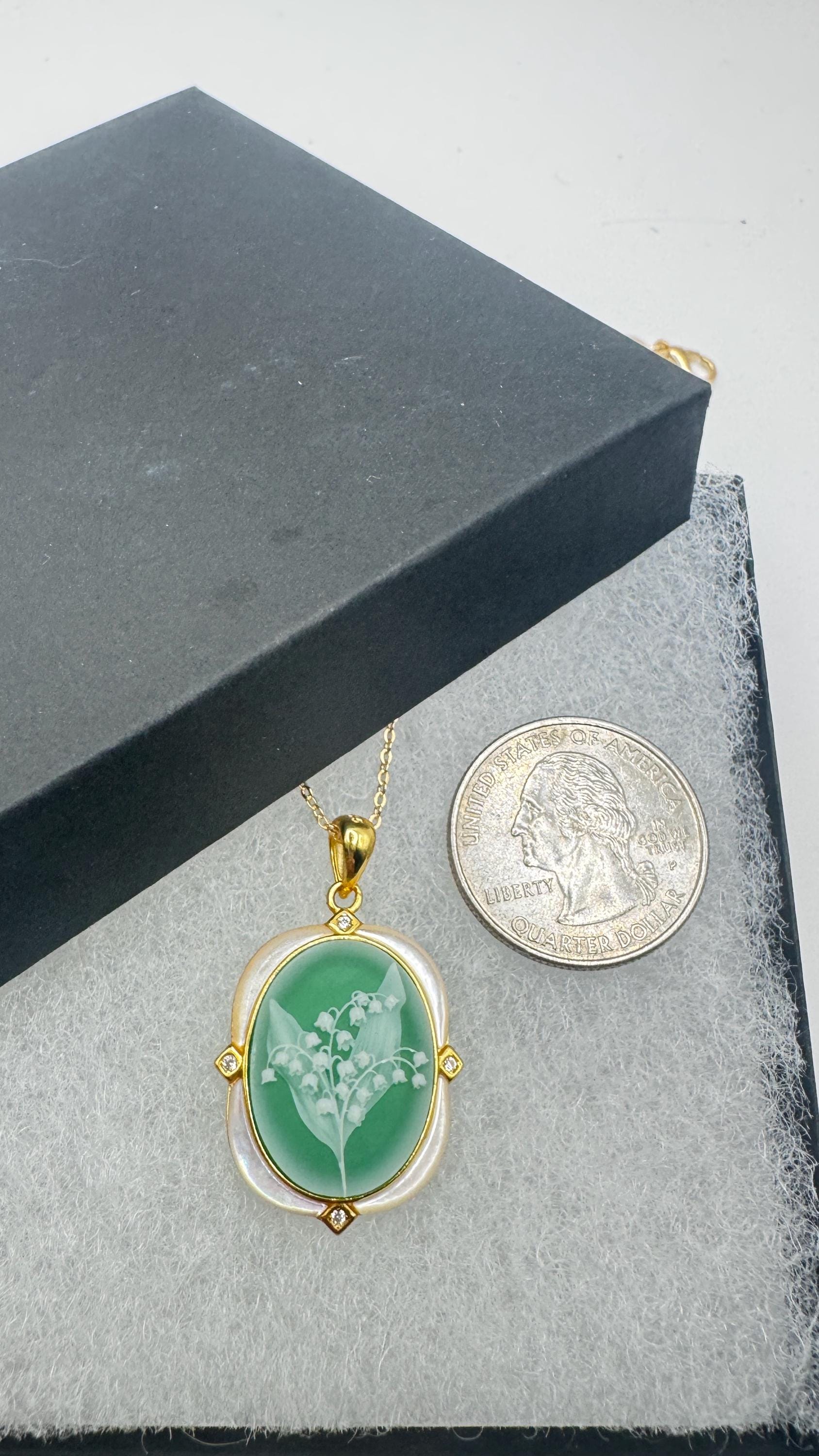 Vintage Lily of the Valley Green Onyx Cameo Choker 925 Sterling Silver Necklace
