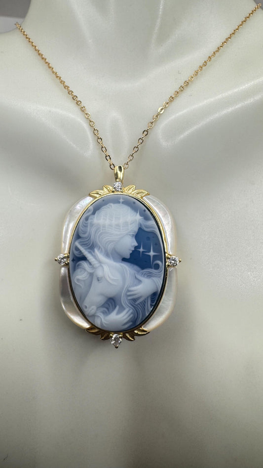 Vintage Princess with Unicorn Genuine Blue Onyx Cameo Golden Sterling Silver Necklace Choker Pin Brooch