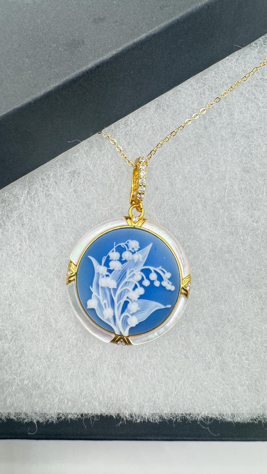 Vintage Lily of the Valley Blue Onyx Cameo Choker 925 Sterling Silver Necklace