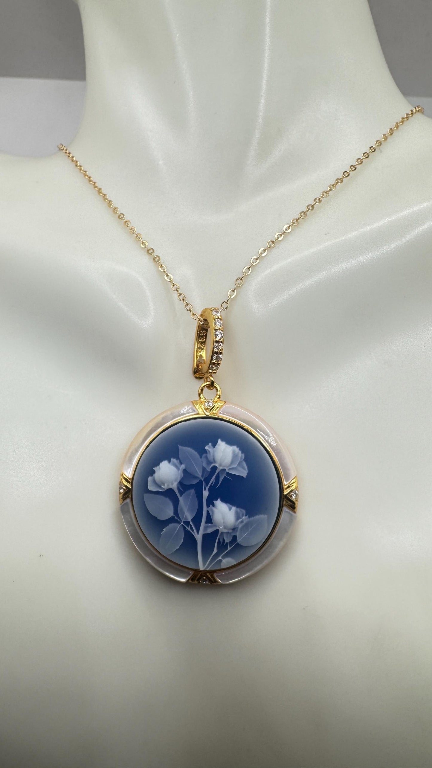 Vintage Rose Flower Cameo 925 Sterling Silver Necklace Choker
