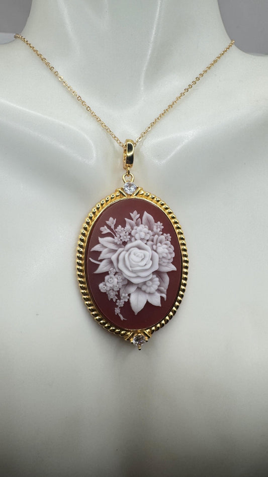 Vintage Rose Flower Cameo Yellow Golden 925 Sterling Silver Necklace Choker