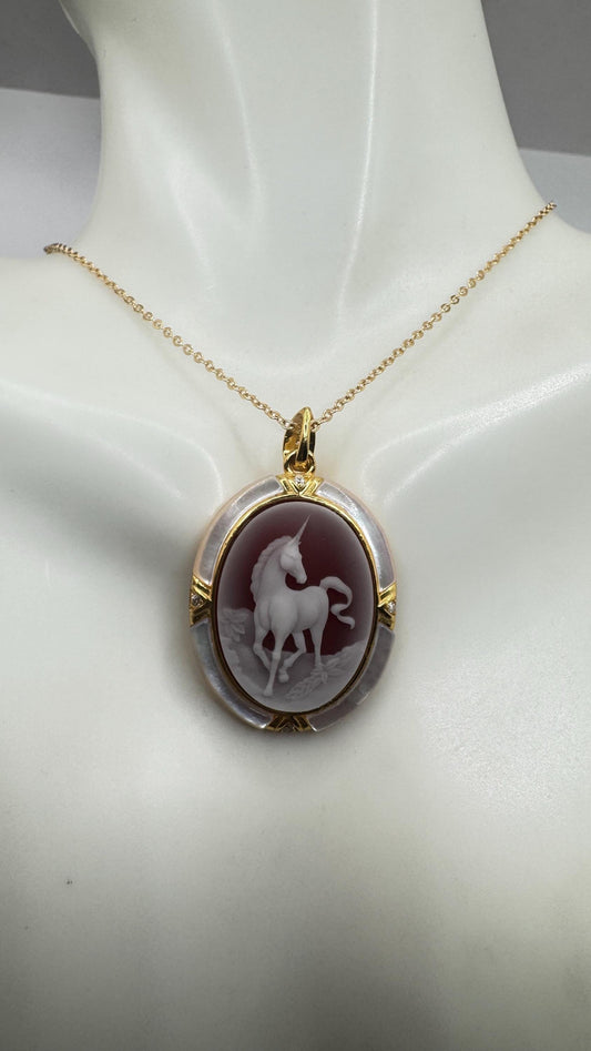 Vintage Unicorn Genuine Red Onyx Cameo Golden Sterling Silver Necklace Choker