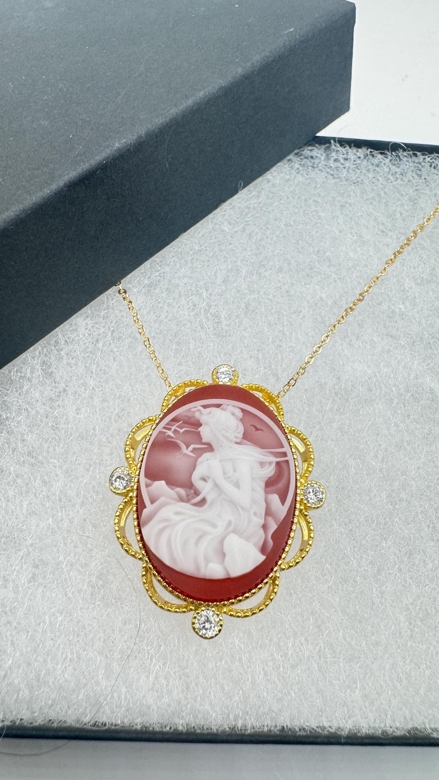 Vintage Red Onyx Cameo Golden 925 Sterling silver Necklace Choker