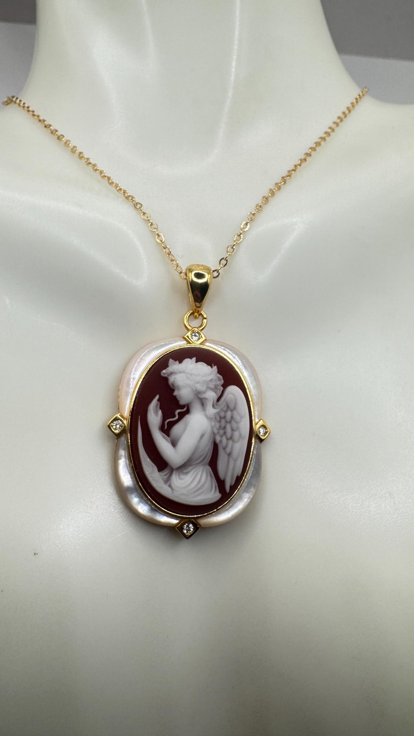 Vintage Red Onyx Gaurdian Angel Cameo Golden 925 Sterling silver Necklace Choker