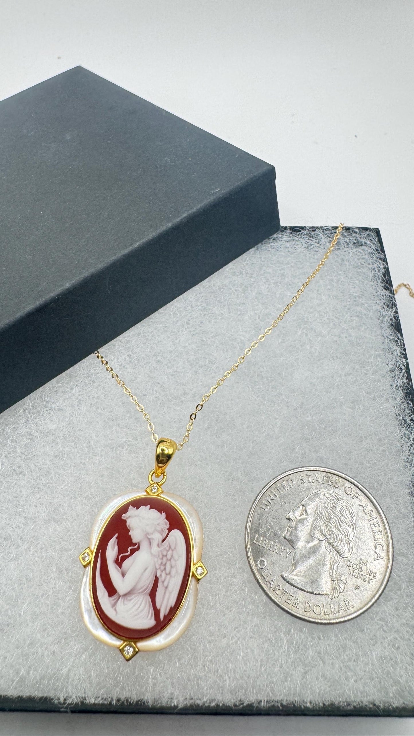 Vintage Red Onyx Gaurdian Angel Cameo Golden 925 Sterling silver Necklace Choker