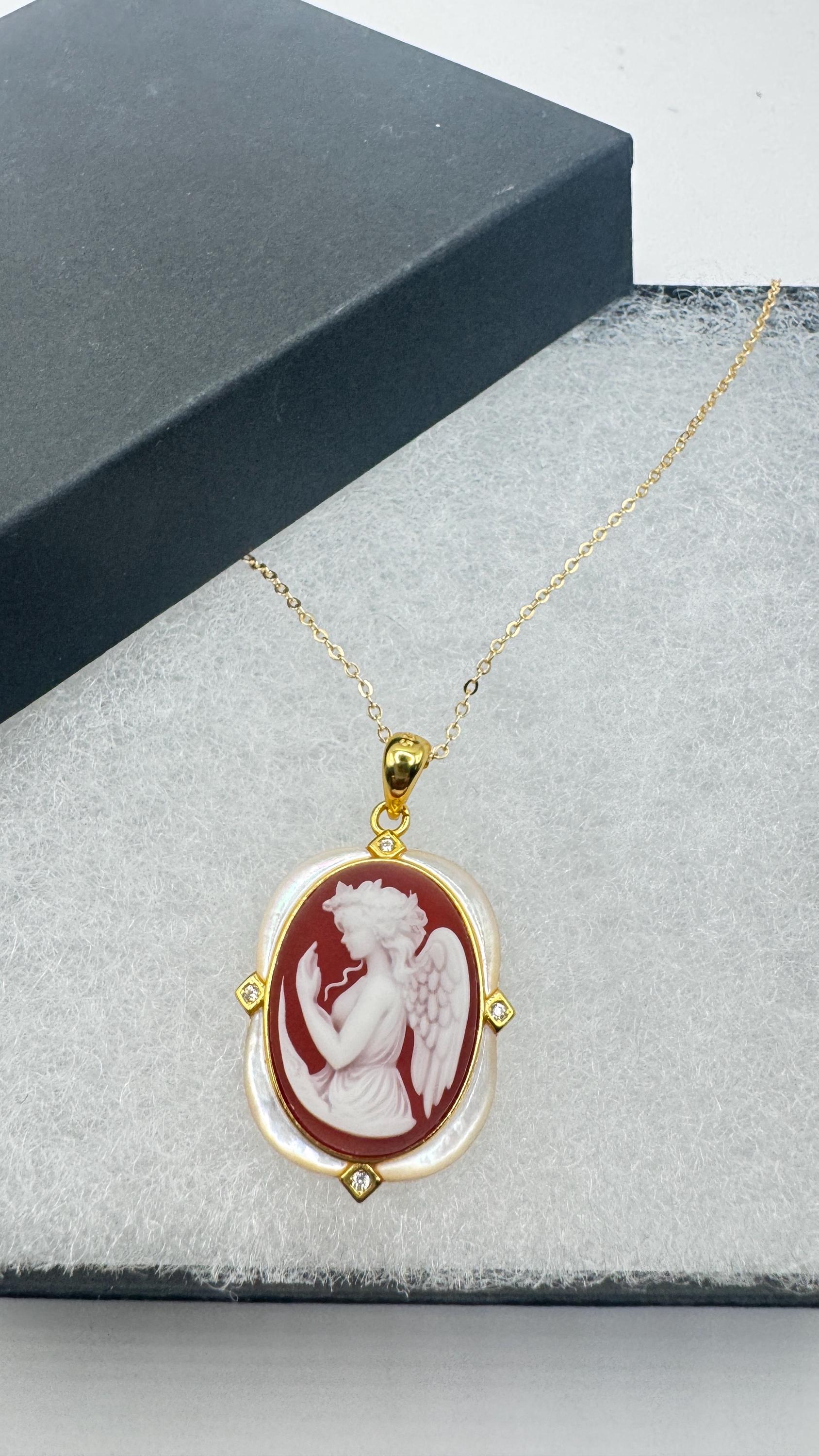 Vintage Red Onyx Gaurdian Angel Cameo Golden 925 Sterling silver Necklace Choker