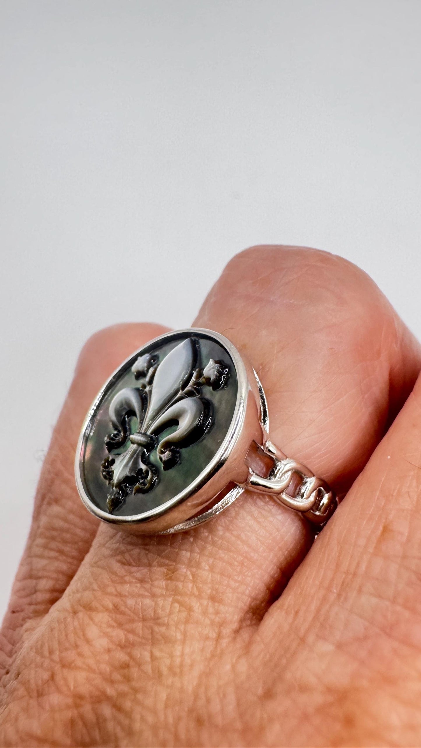 Vintage Fluer de Les Adalone Cameo 925 Sterling Silver Ring