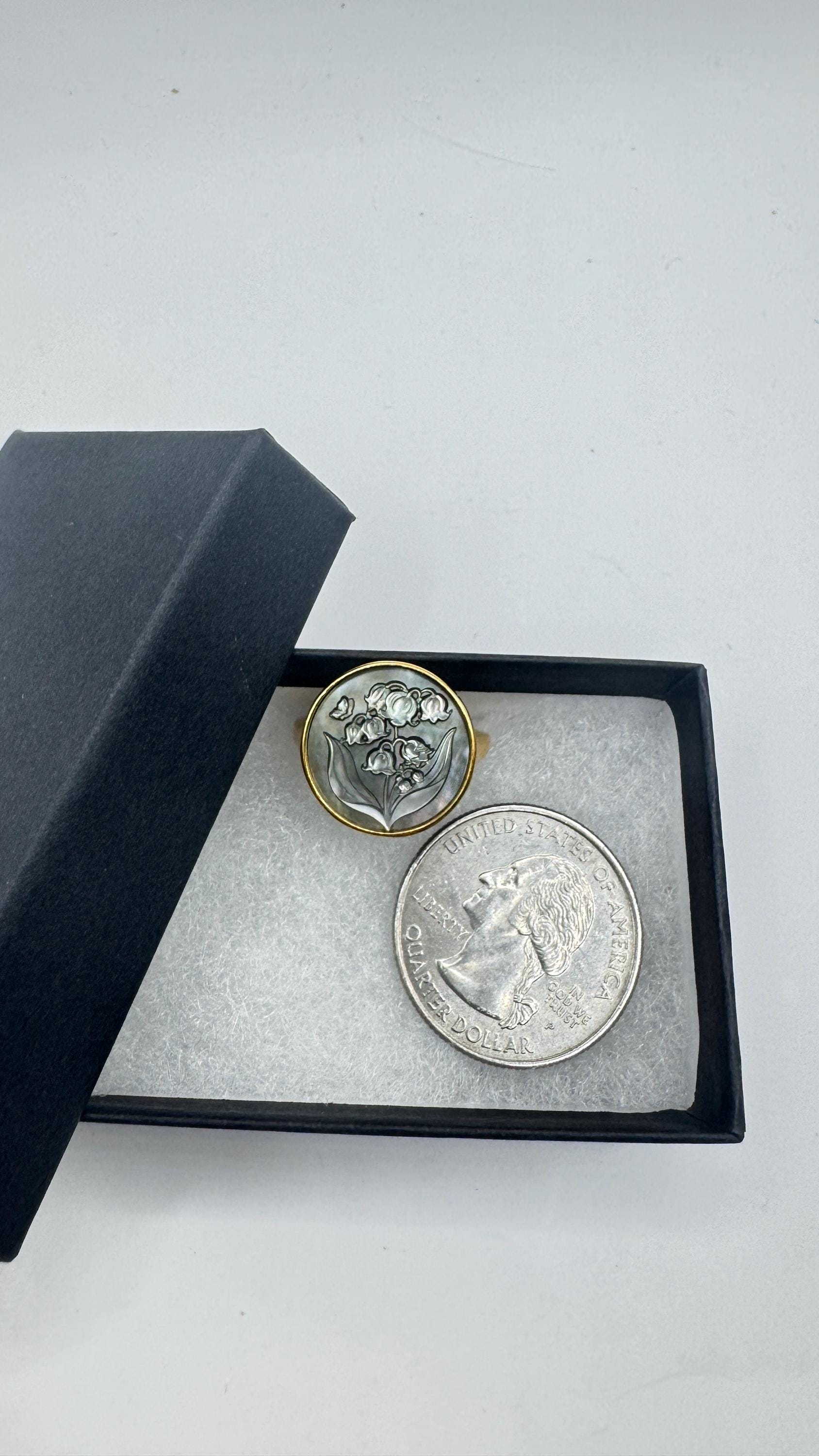 Vintage Lily of the Valley Abalone Cameo 925 Sterling Silver Ring