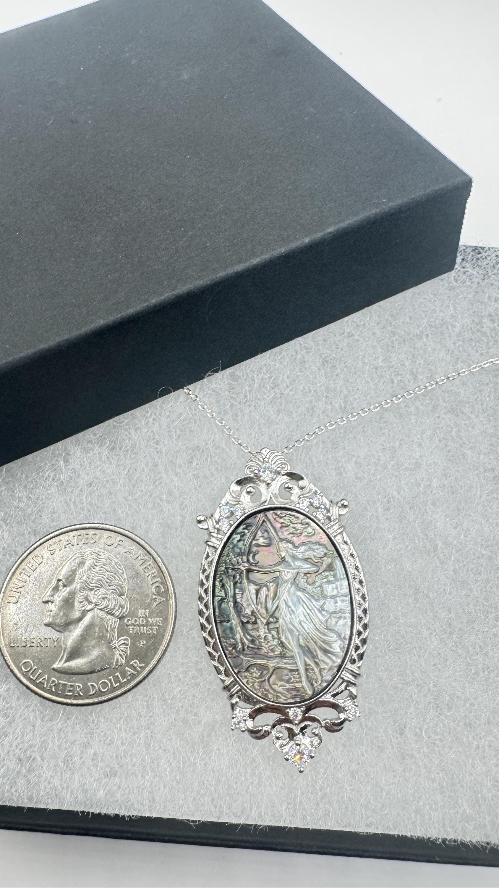 Vintage Moon Goddess Genuine Abalone Cameo Sterling Silver Necklace Pin brooch