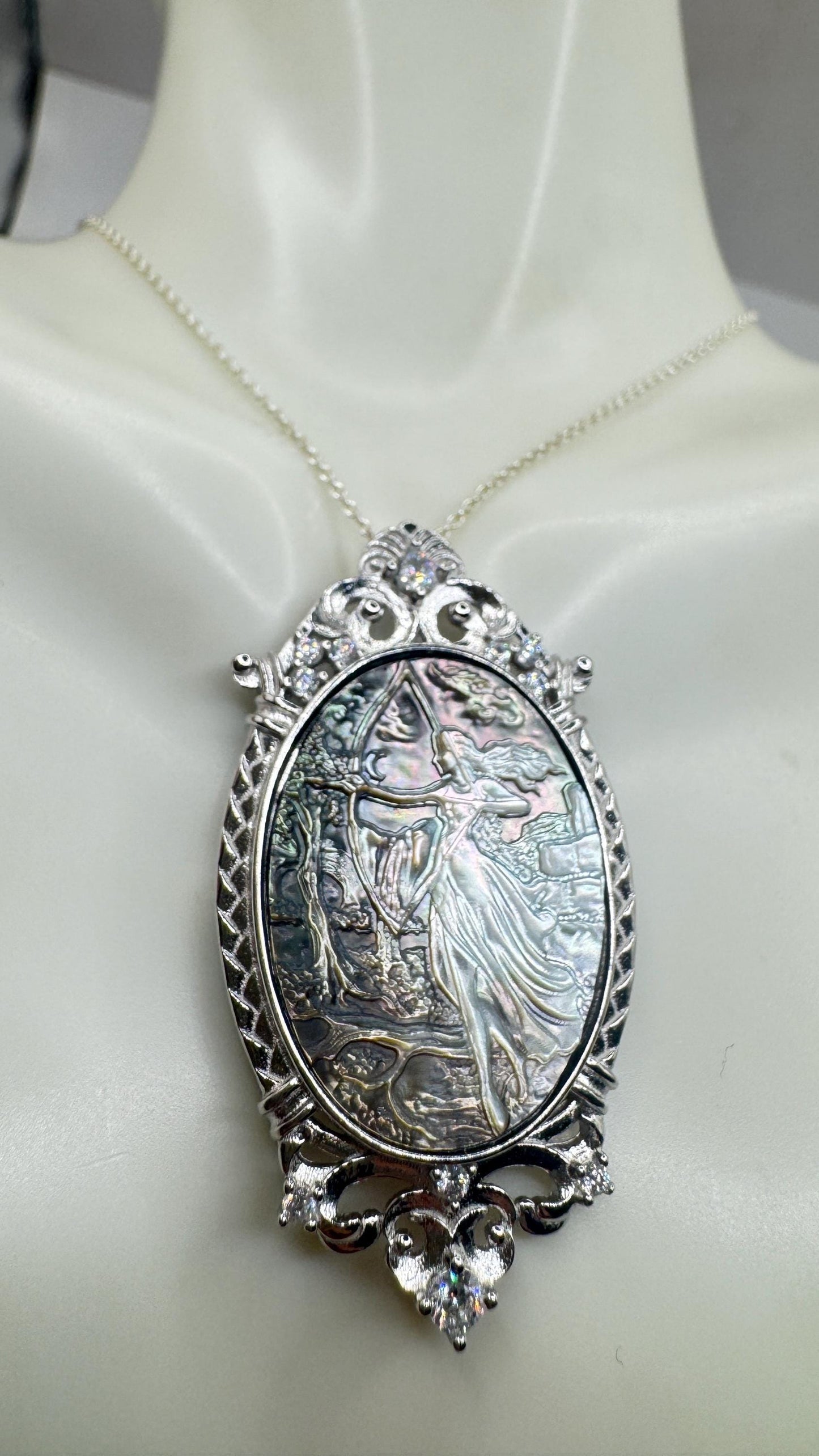 Vintage Moon Goddess Genuine Abalone Cameo Sterling Silver Necklace Pin brooch