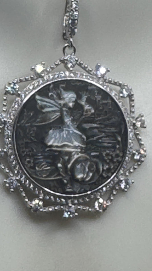 Vintage Fairy Genuine Abalone Cameo Sterling Silver Necklace