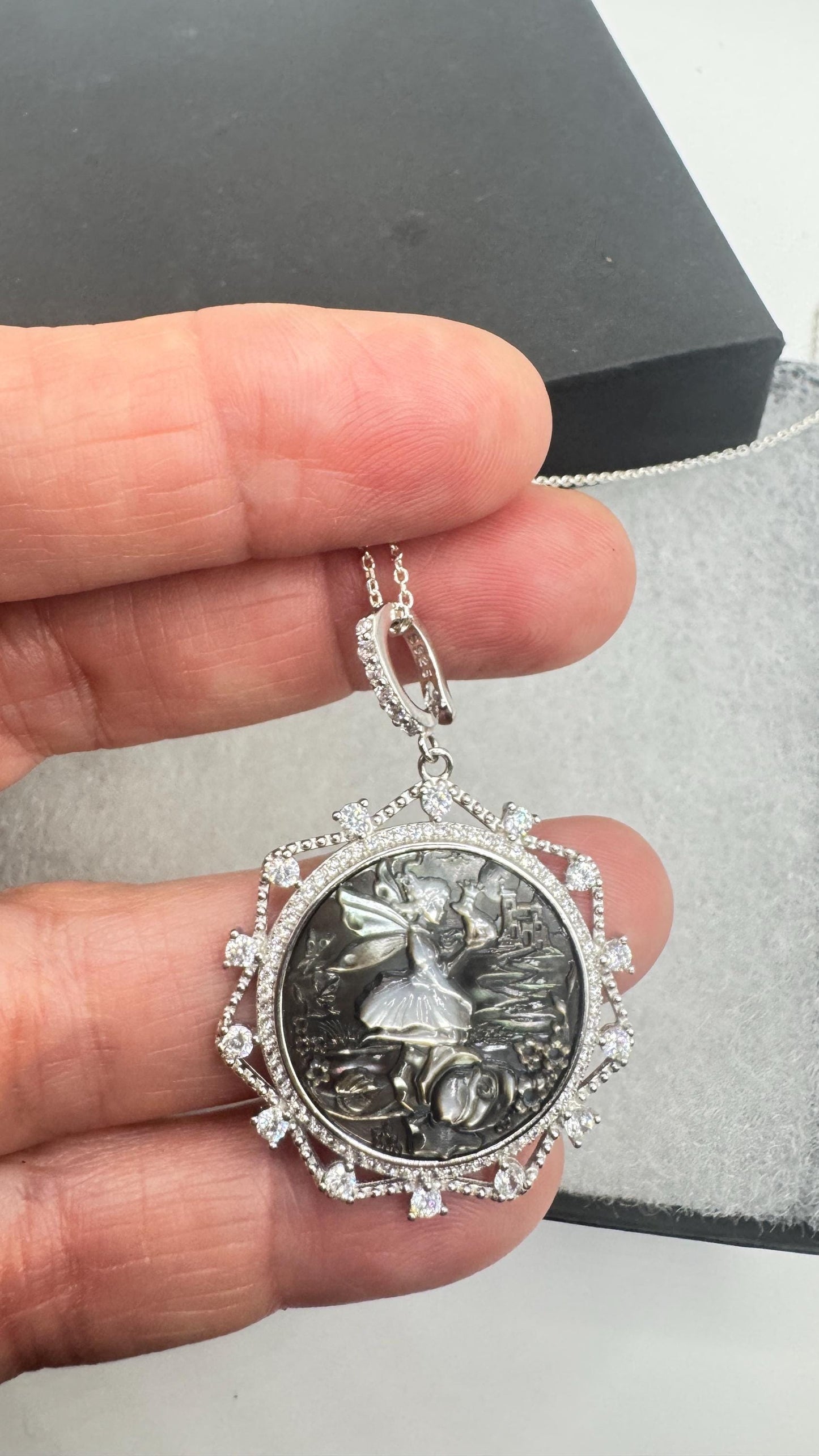 Vintage Fairy Genuine Abalone Cameo Sterling Silver Necklace