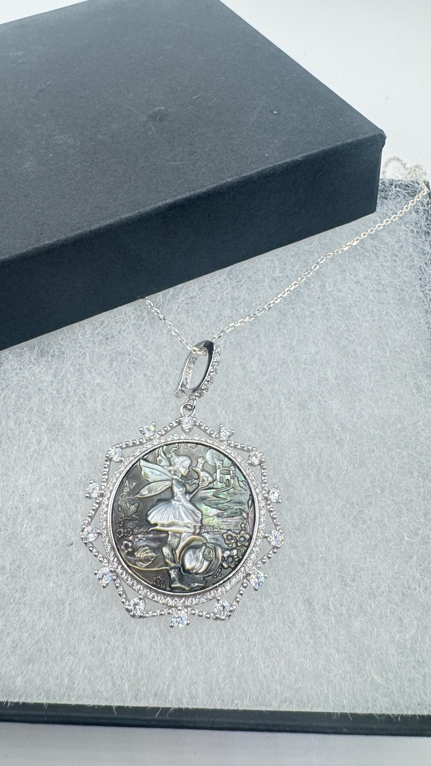 Vintage Fairy Genuine Abalone Cameo Sterling Silver Necklace