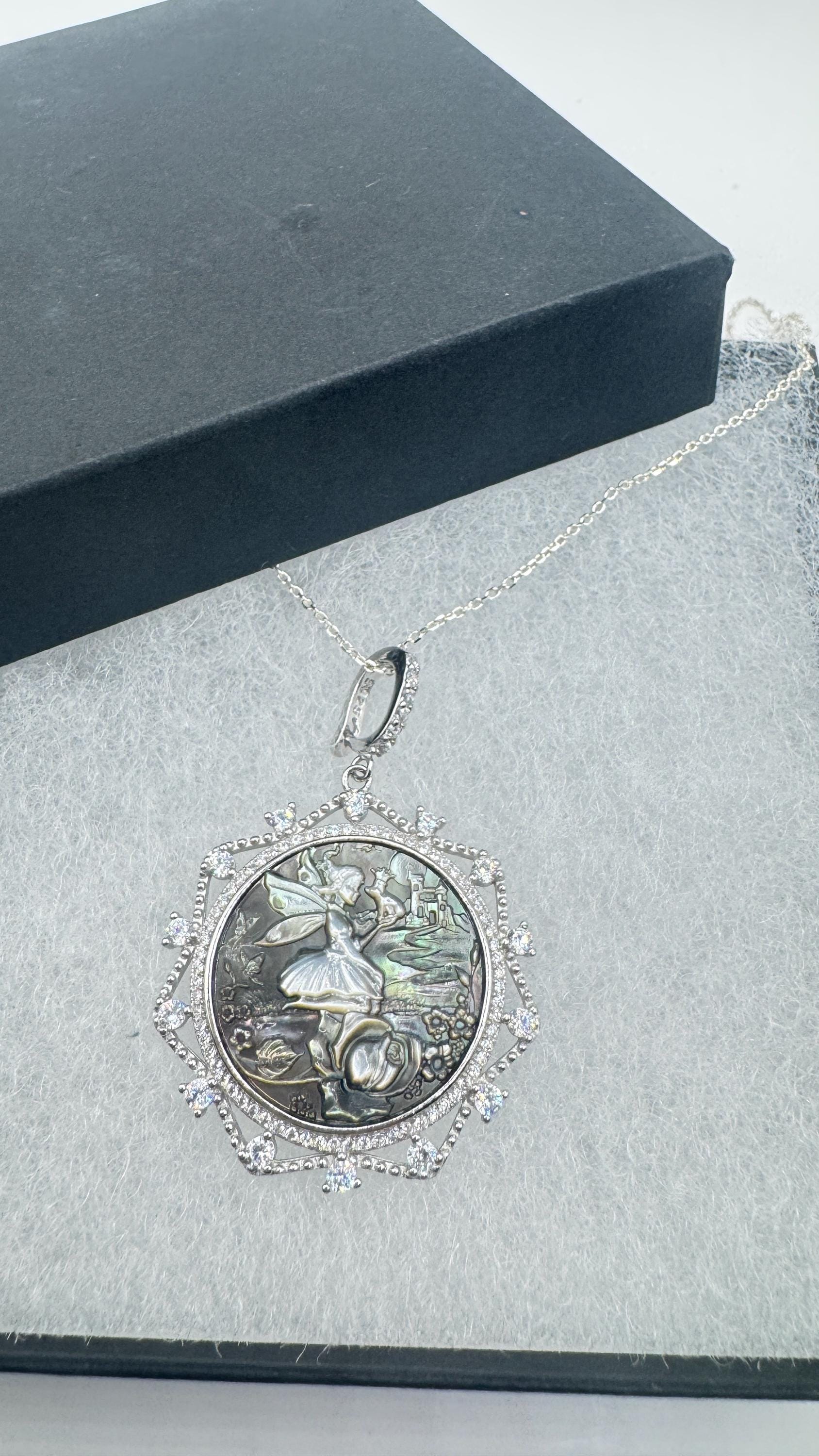 Vintage Fairy Genuine Abalone Cameo Sterling Silver Necklace