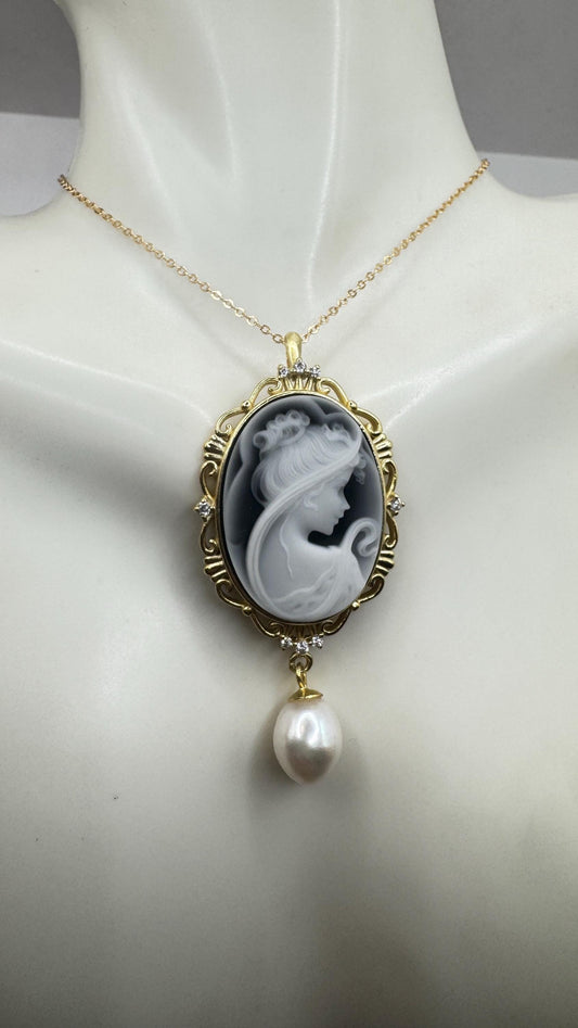 Vintage Onyx Cameo Golden 925 Sterling silver Necklace Choker