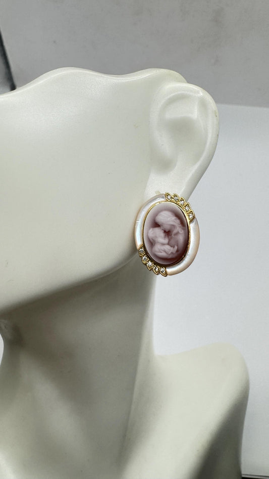 Vintage Mother Child Cameo Golden 925 Sterling Silver Stud Earrings