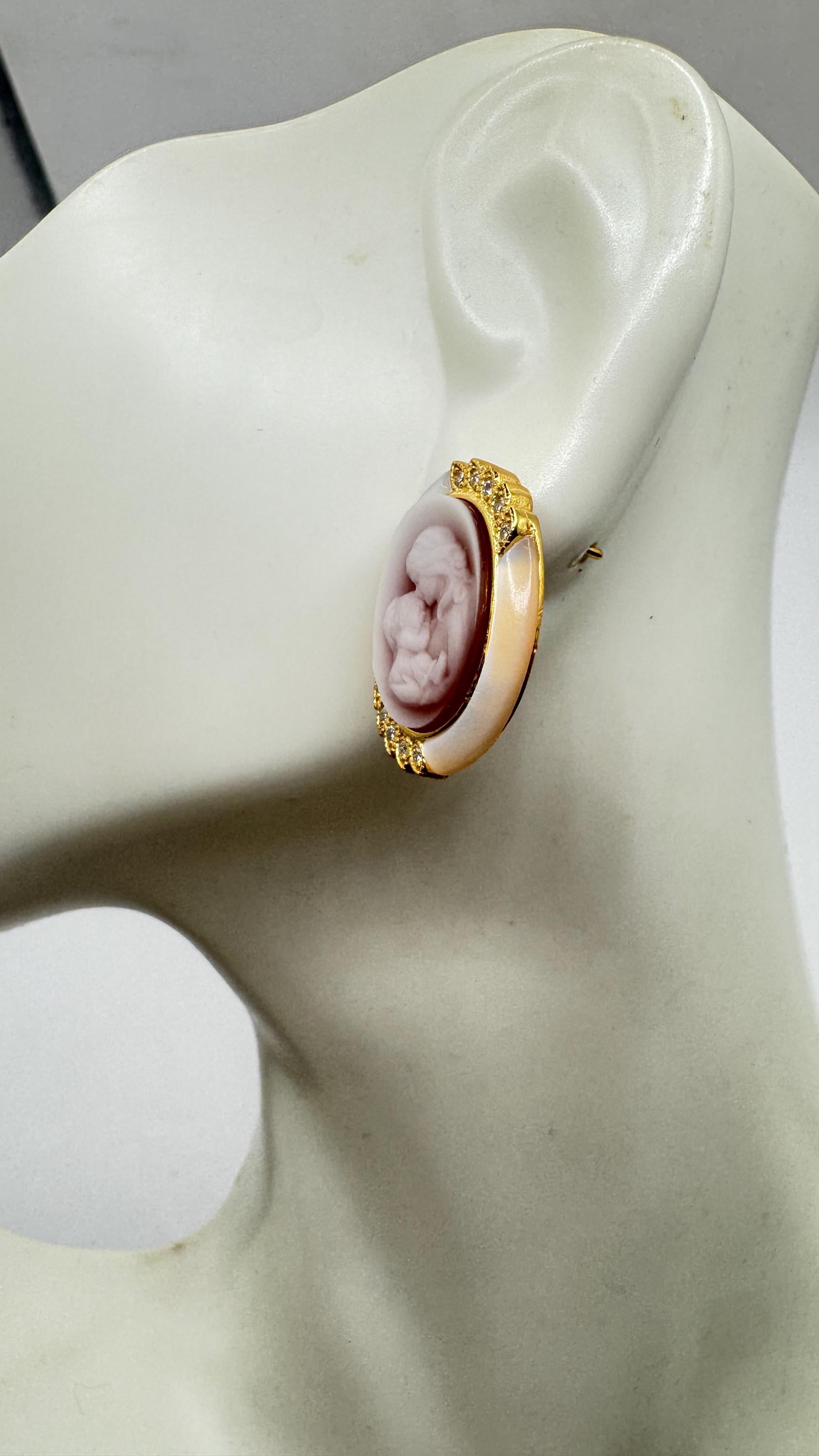 Vintage Mother Child Cameo Golden 925 Sterling Silver Stud Earrings