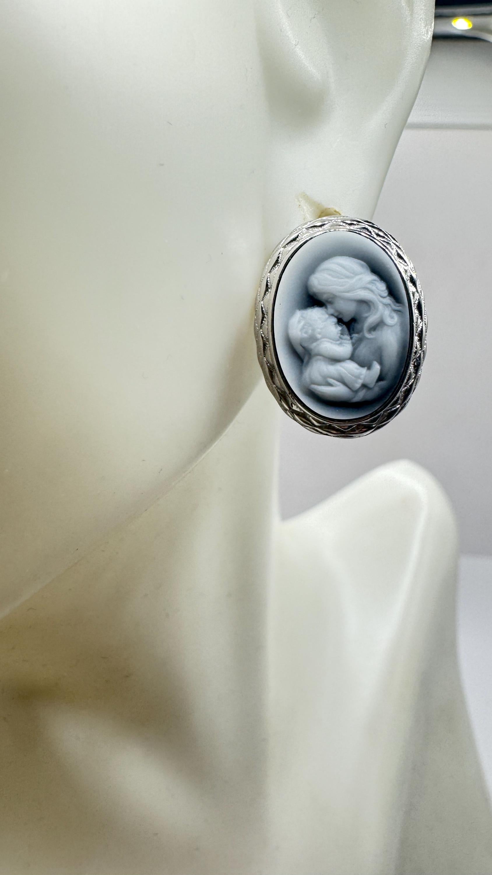 Vintage Mother Child Cameo Golden 925 Sterling Silver Stud Earrings