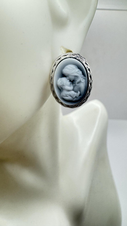 Vintage Mother Child Cameo Golden 925 Sterling Silver Stud Earrings