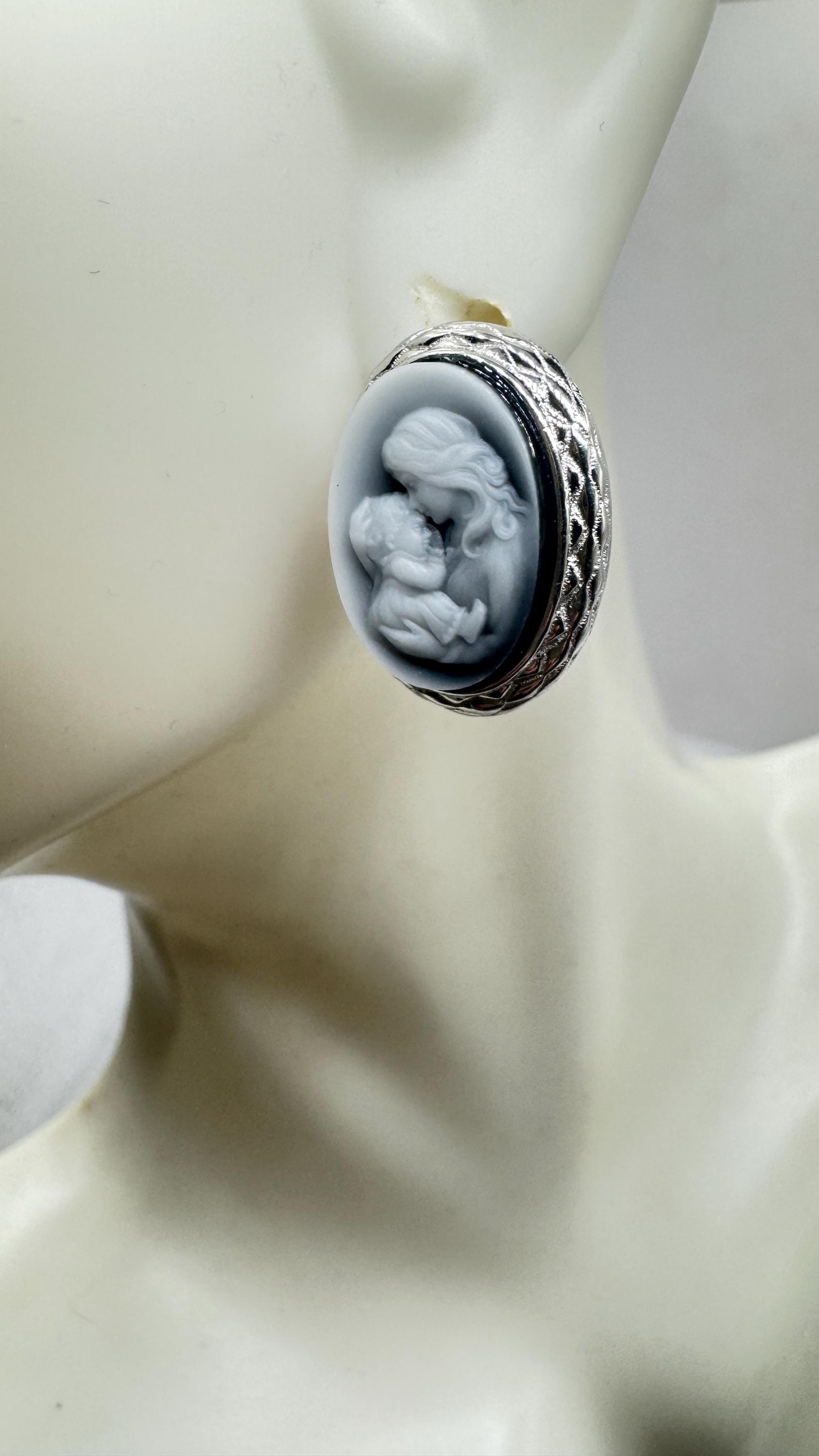 Vintage Mother Child Cameo Golden 925 Sterling Silver Stud Earrings
