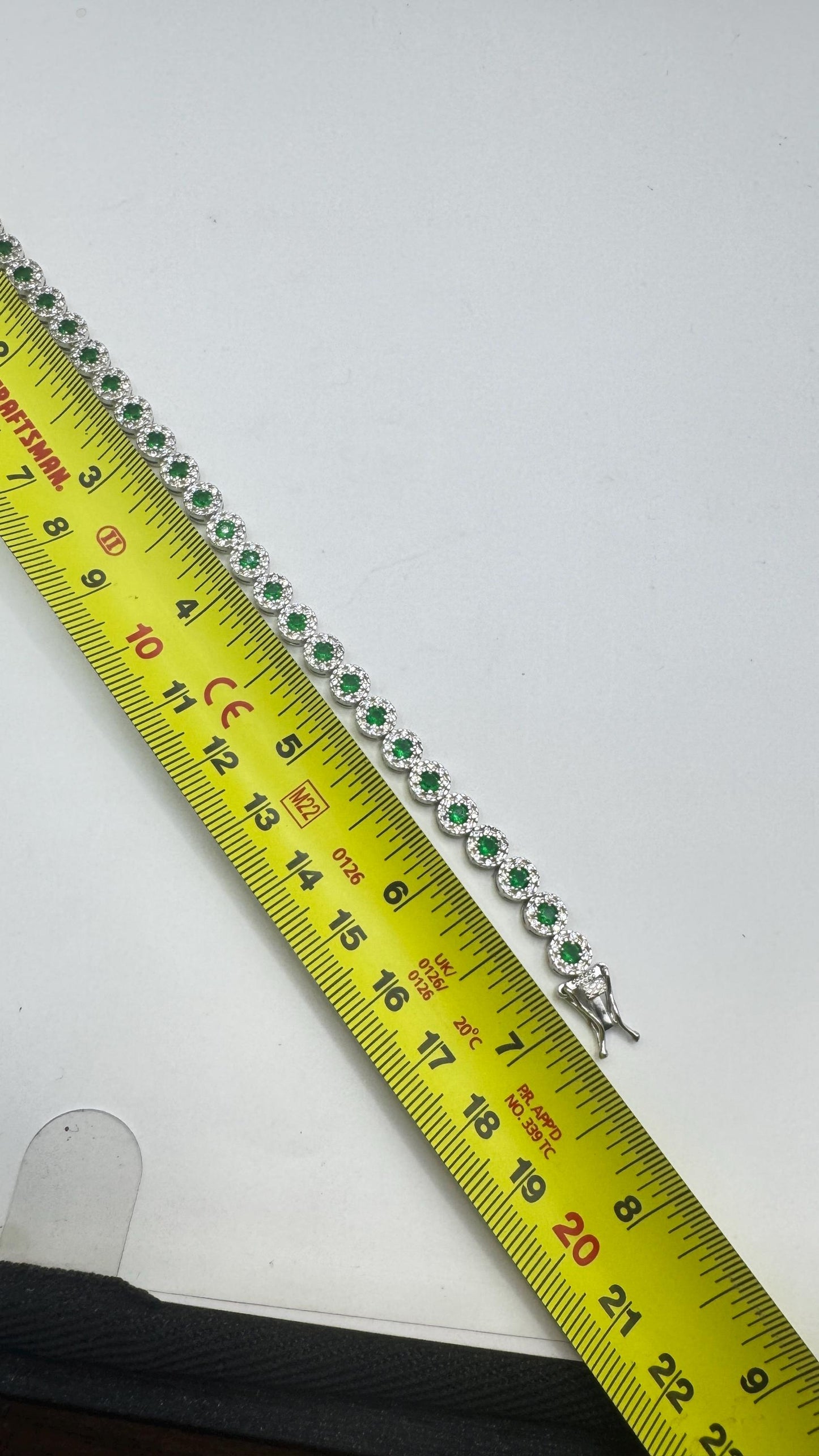 Vintage Handmade Real Green Emerald Rhodium Finished Sterling Silver Tennis Bracelet