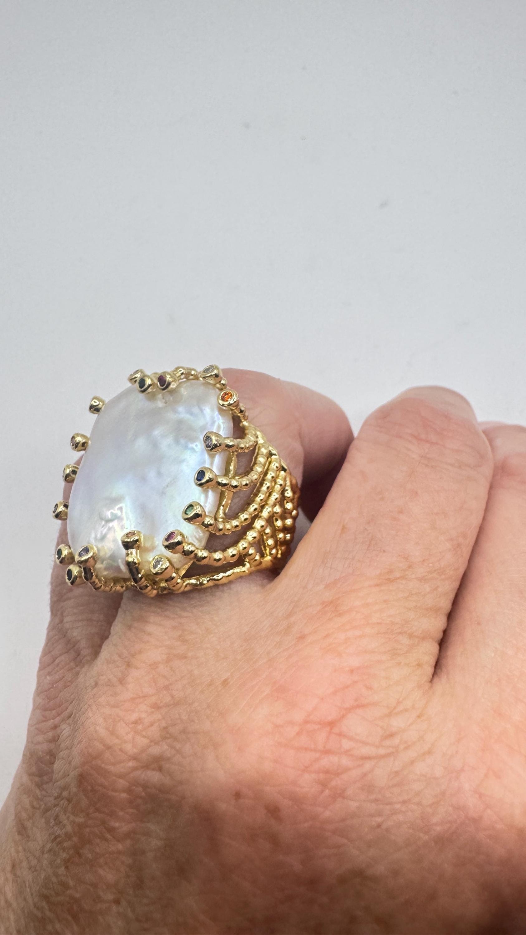 Vintage Biwa Pearl Ring Golden 925 Sterling Silver Cocktail Statement Adjustable