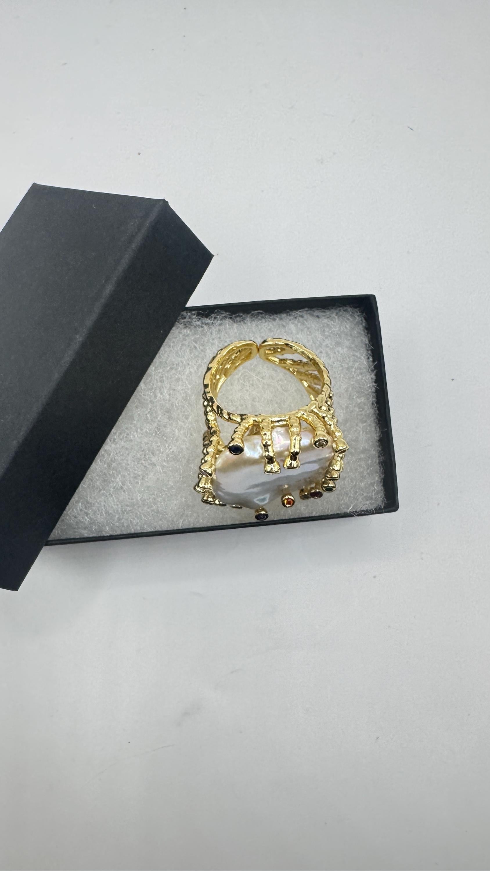 Vintage Biwa Pearl Ring Golden 925 Sterling Silver Cocktail Statement Adjustable