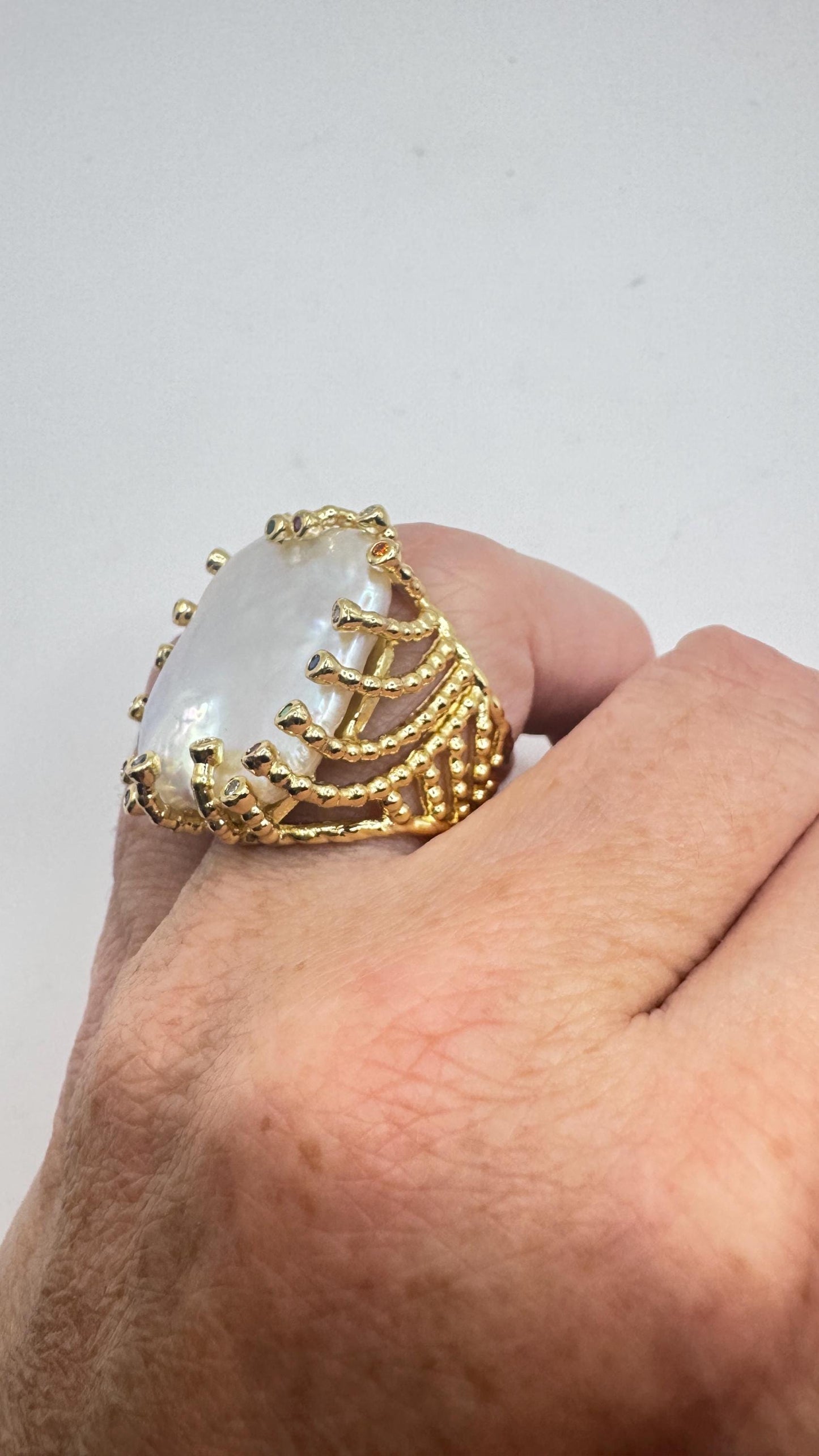 Vintage Biwa Pearl Ring Golden 925 Sterling Silver Cocktail Statement Adjustable