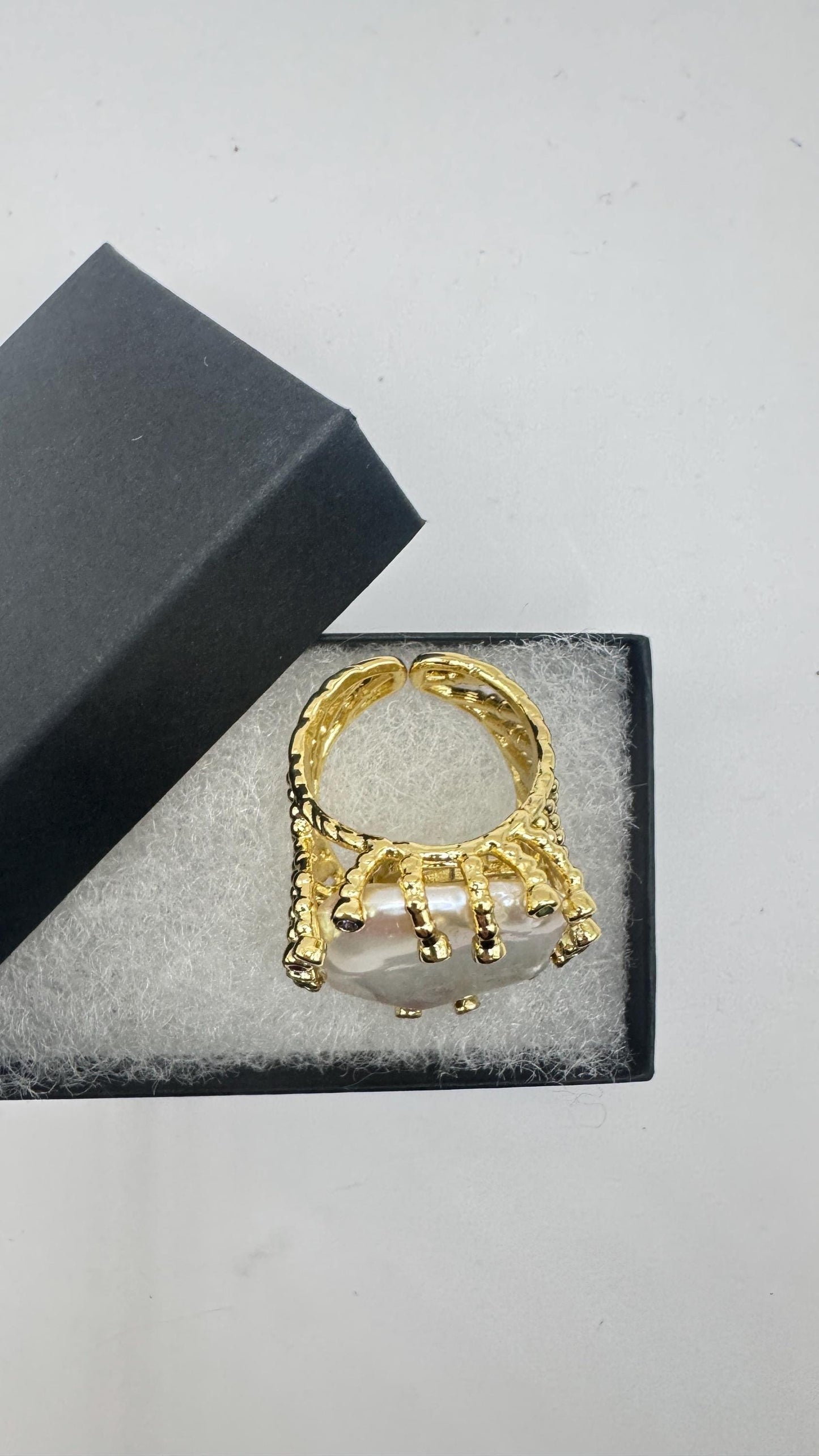 Vintage Biwa Pearl Ring Golden 925 Sterling Silver Cocktail Statement Adjustable