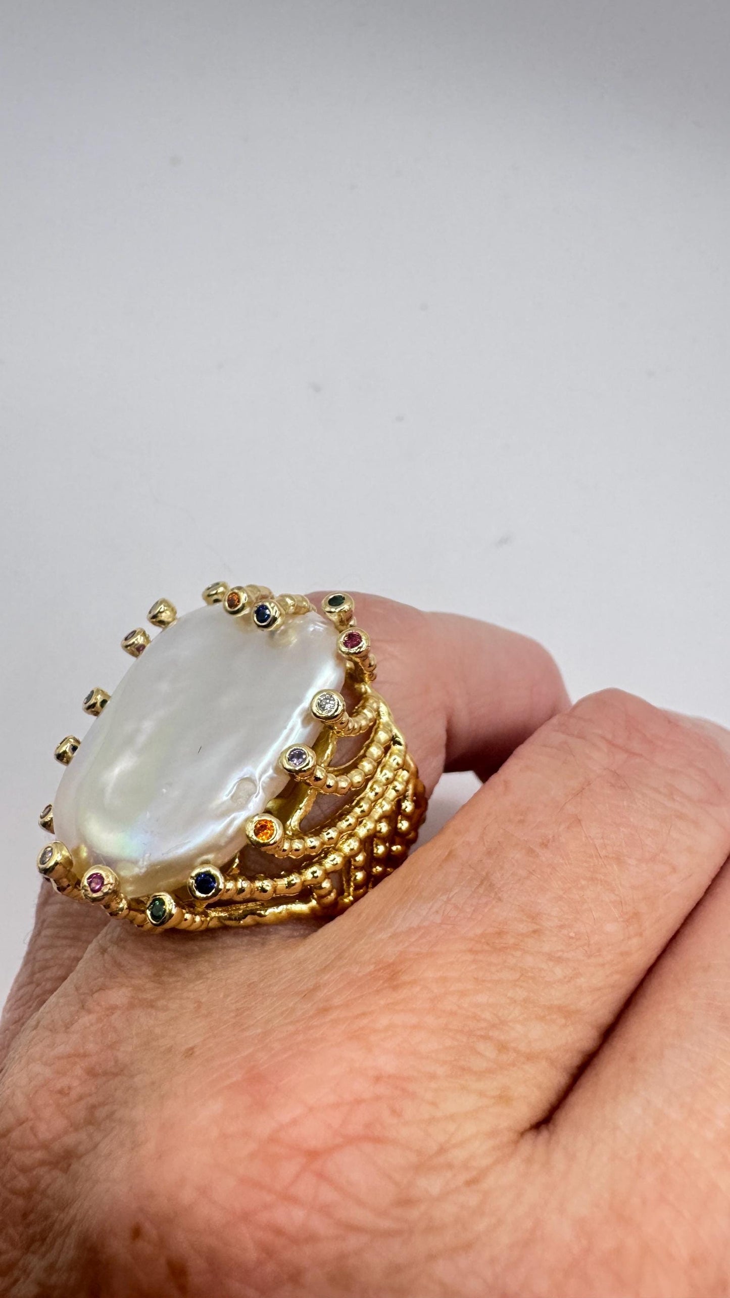 Vintage Biwa Pearl Ring Golden 925 Sterling Silver Cocktail Statement Adjustable