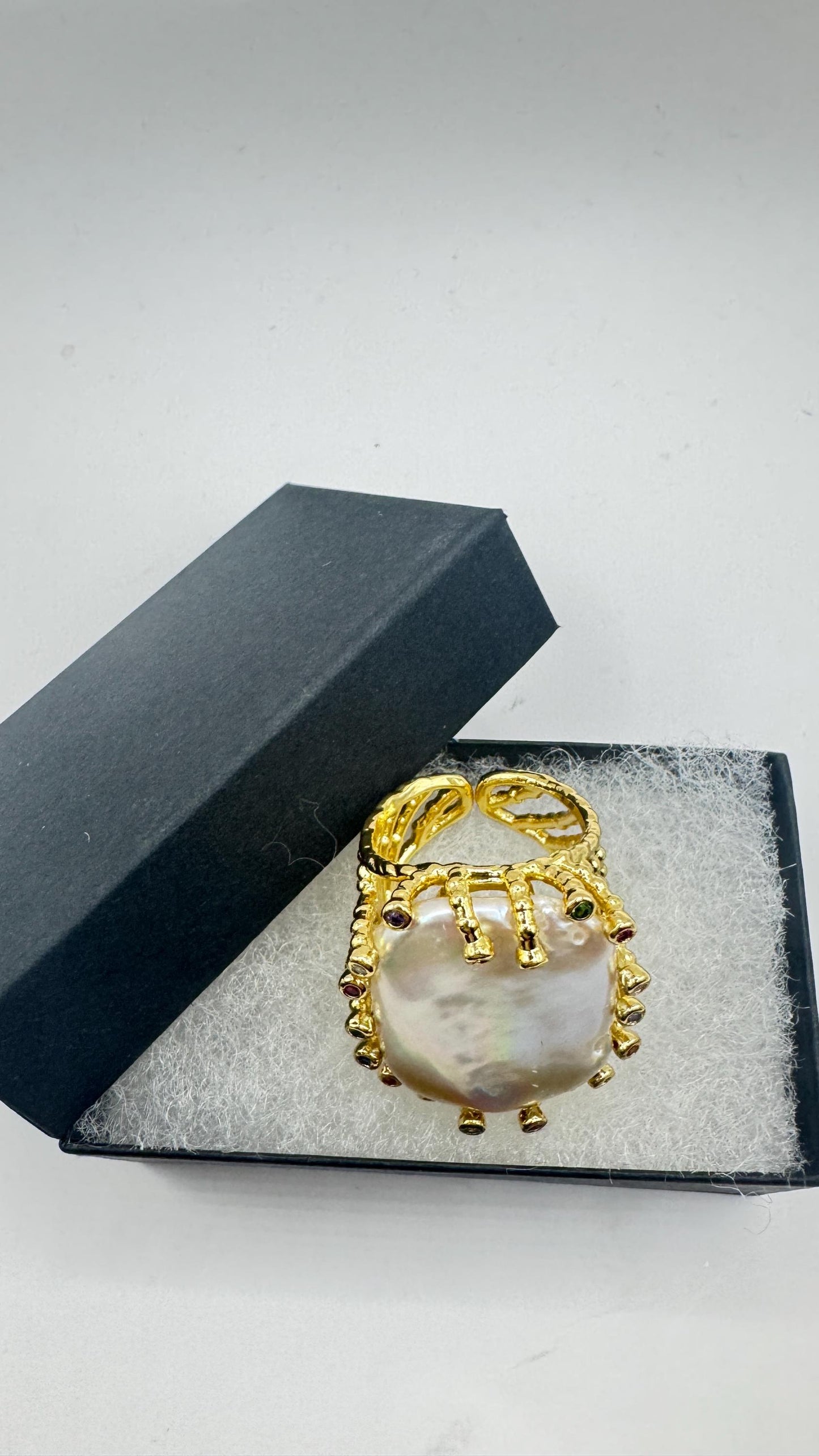Vintage Biwa Pearl Ring Golden 925 Sterling Silver Cocktail Statement Adjustable