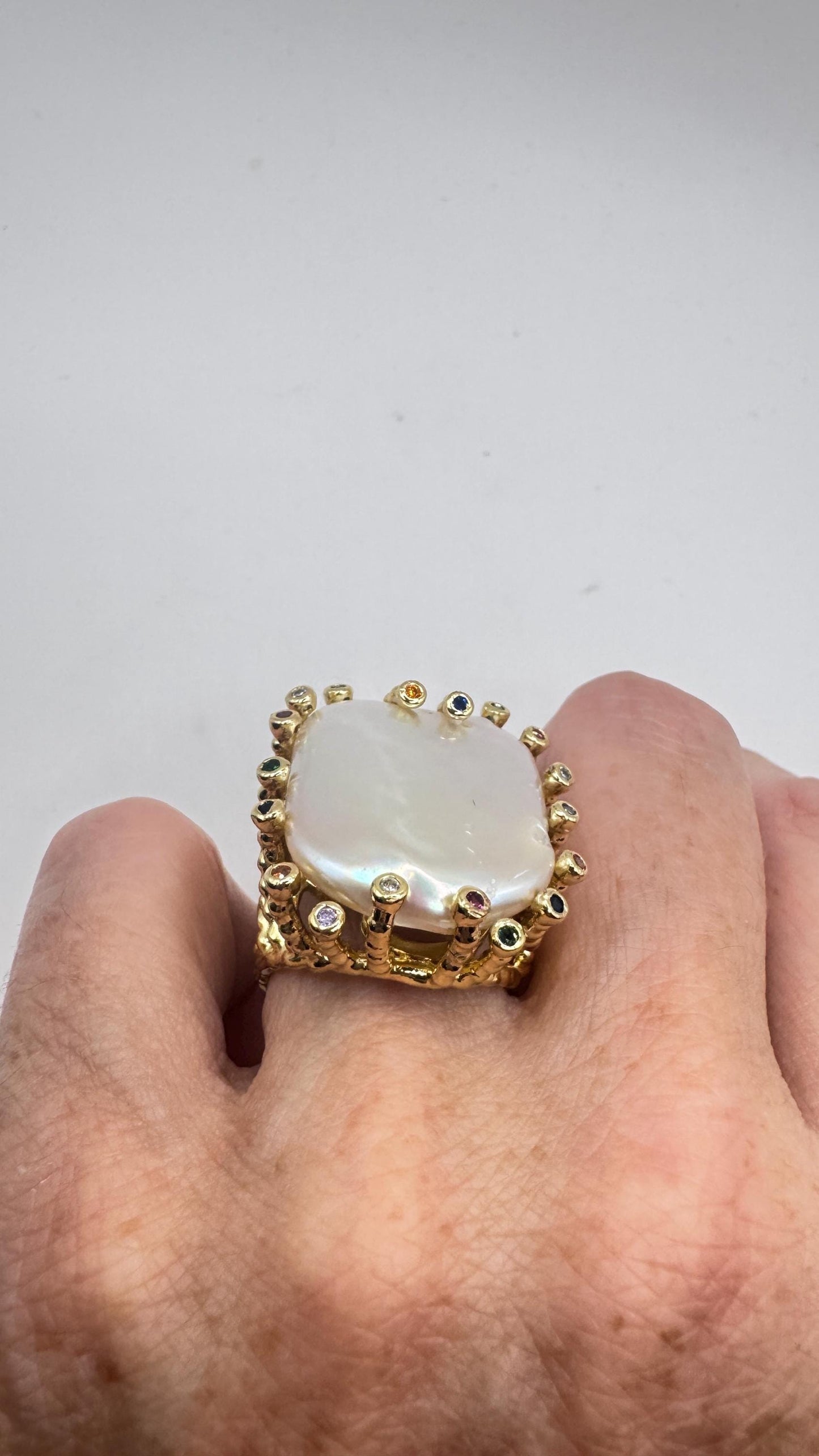 Vintage Biwa Pearl Ring Golden 925 Sterling Silver Cocktail Statement Adjustable