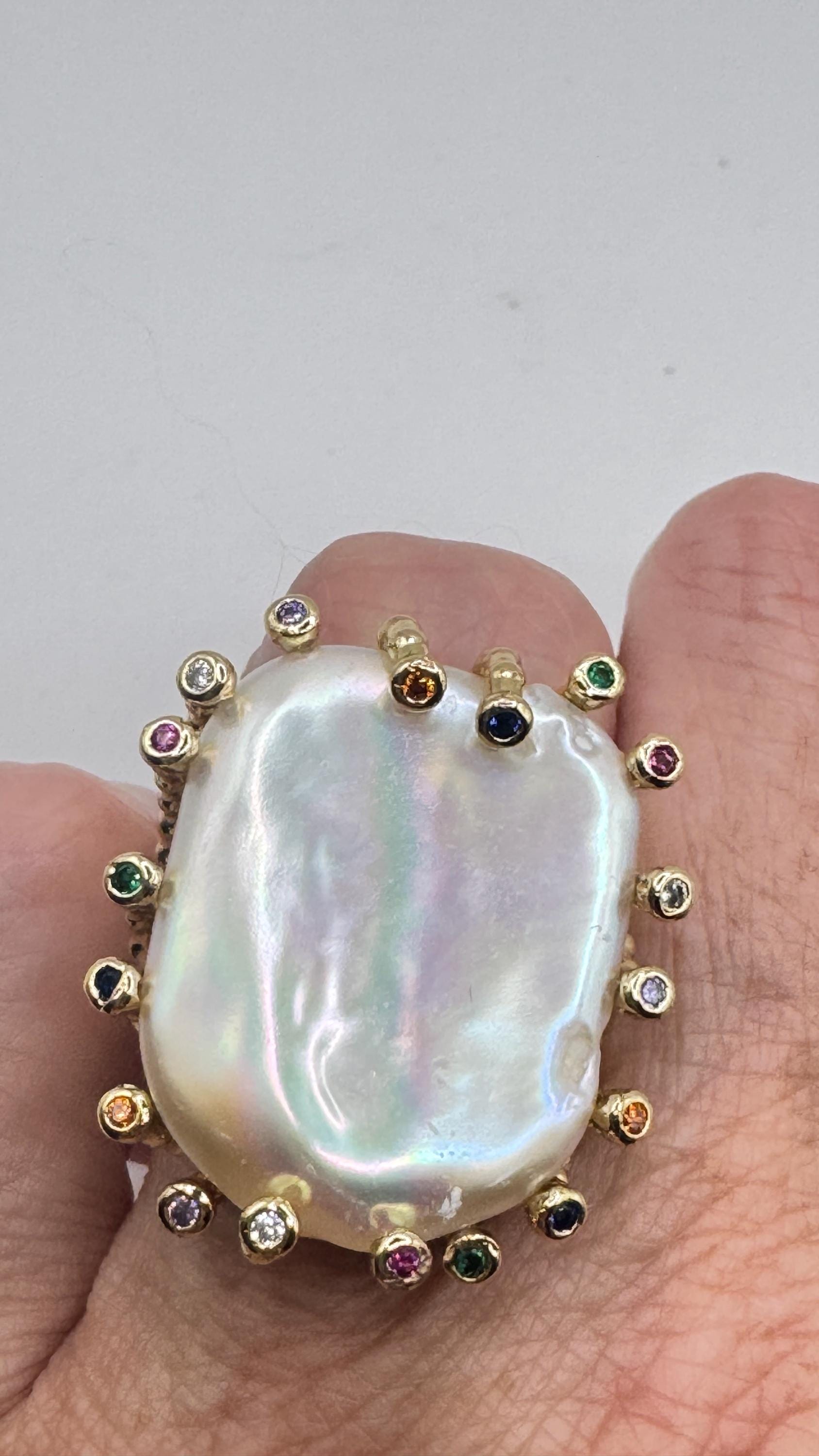 Vintage Biwa Pearl Ring Golden 925 Sterling Silver Cocktail Statement Adjustable