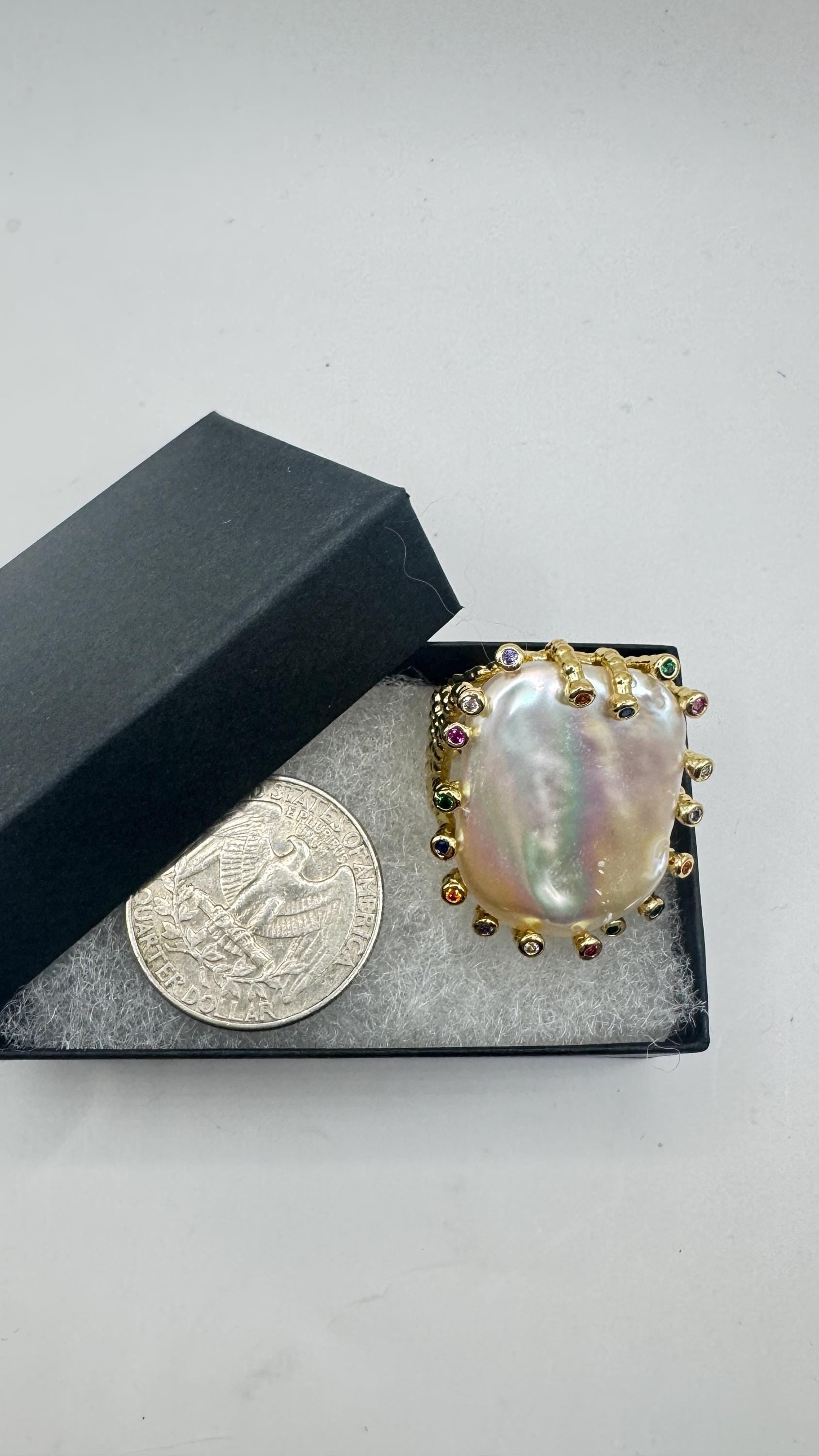 Vintage Biwa Pearl Ring Golden 925 Sterling Silver Cocktail Statement Adjustable