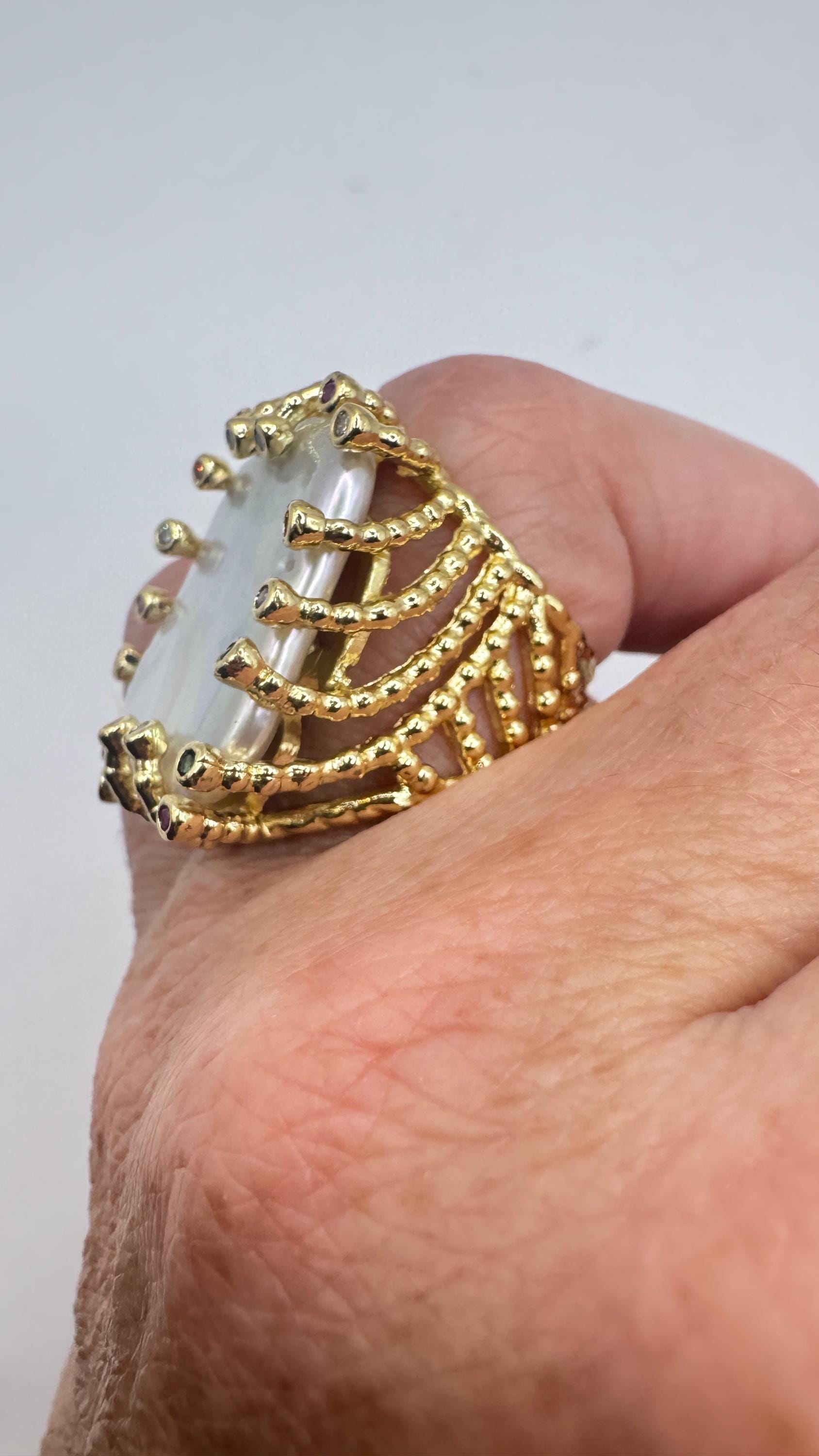 Vintage Biwa Pearl Ring Golden 925 Sterling Silver Cocktail Statement Adjustable