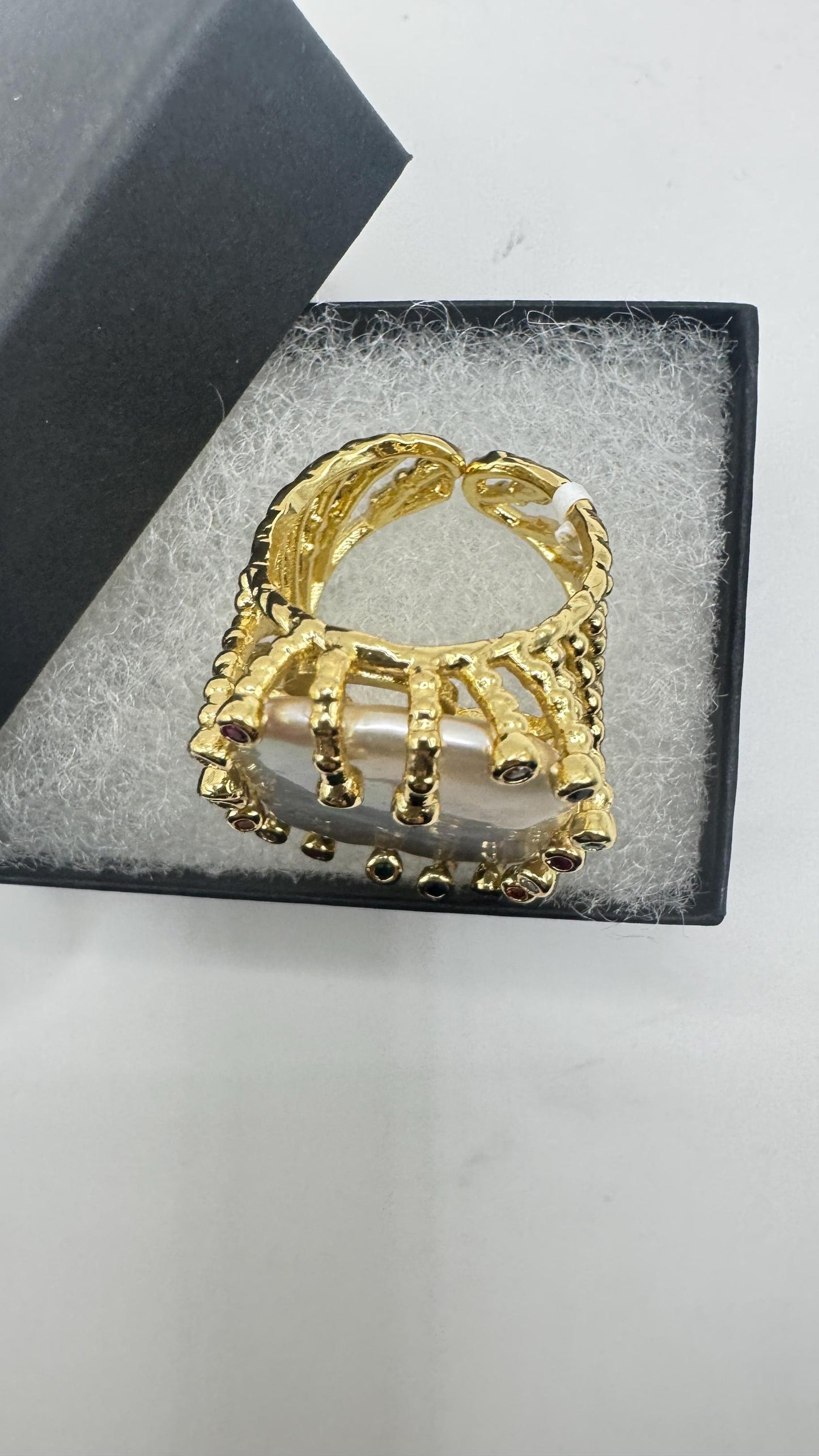 Vintage Biwa Pearl Ring Golden 925 Sterling Silver Cocktail Statement Adjustable