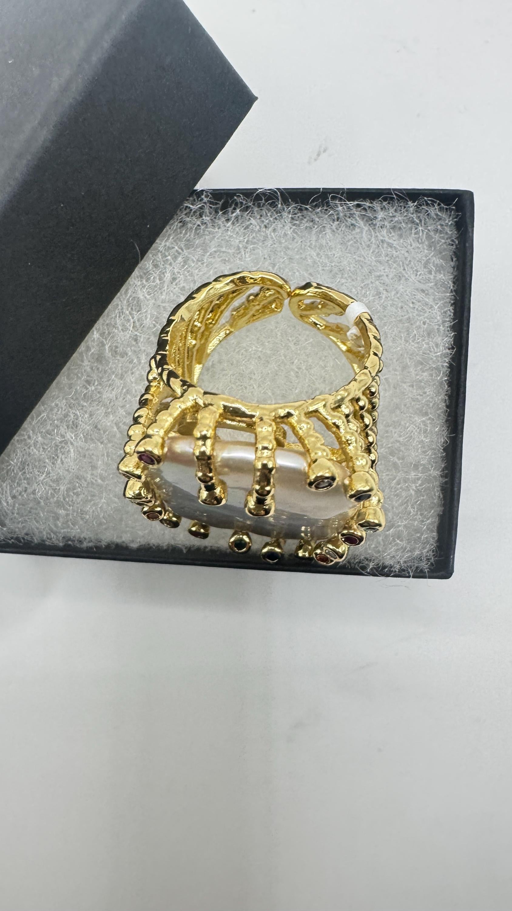 Vintage Biwa Pearl Ring Golden 925 Sterling Silver Cocktail Statement Adjustable