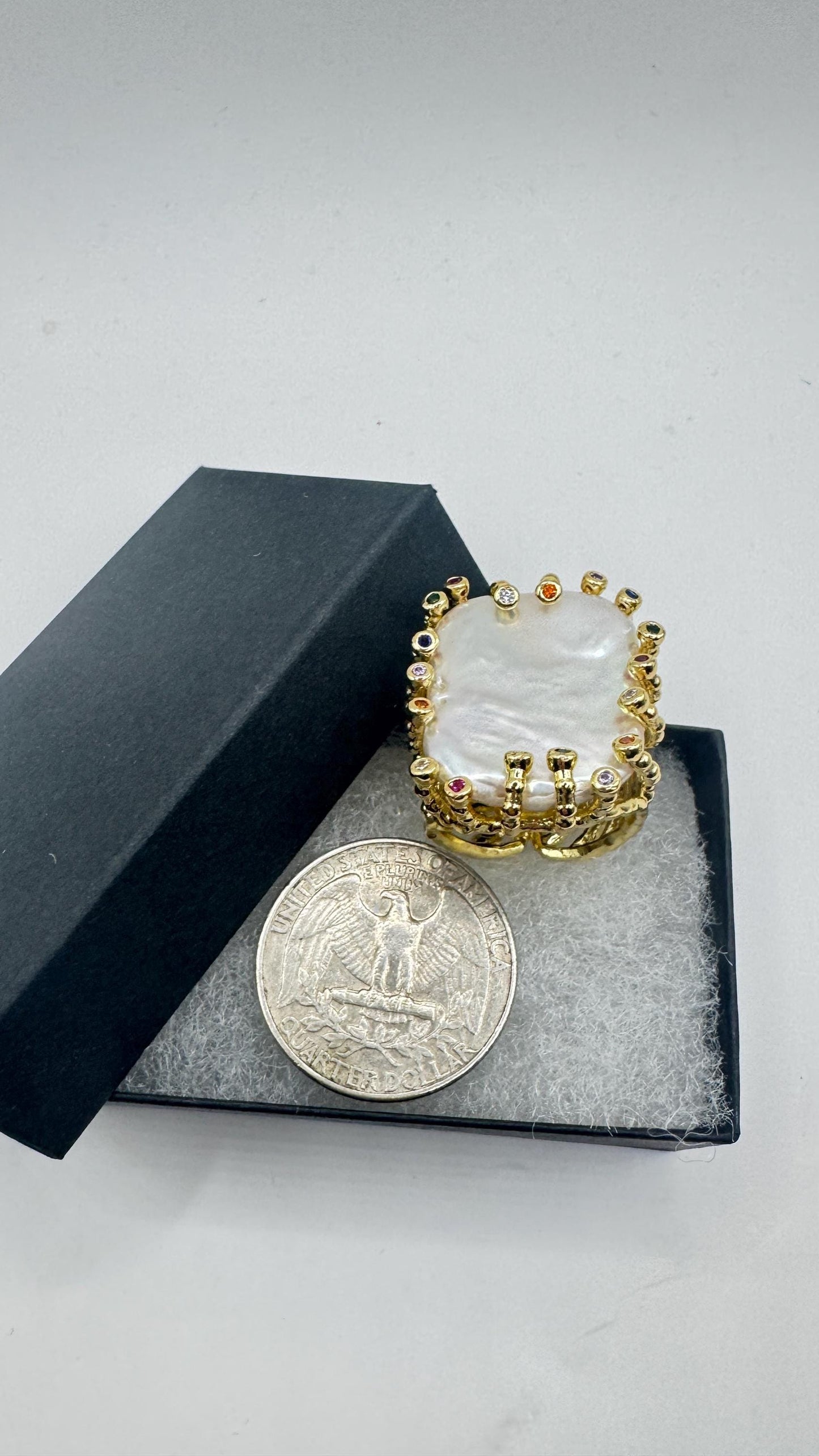Vintage Biwa Pearl Ring Golden 925 Sterling Silver Cocktail Statement Adjustable
