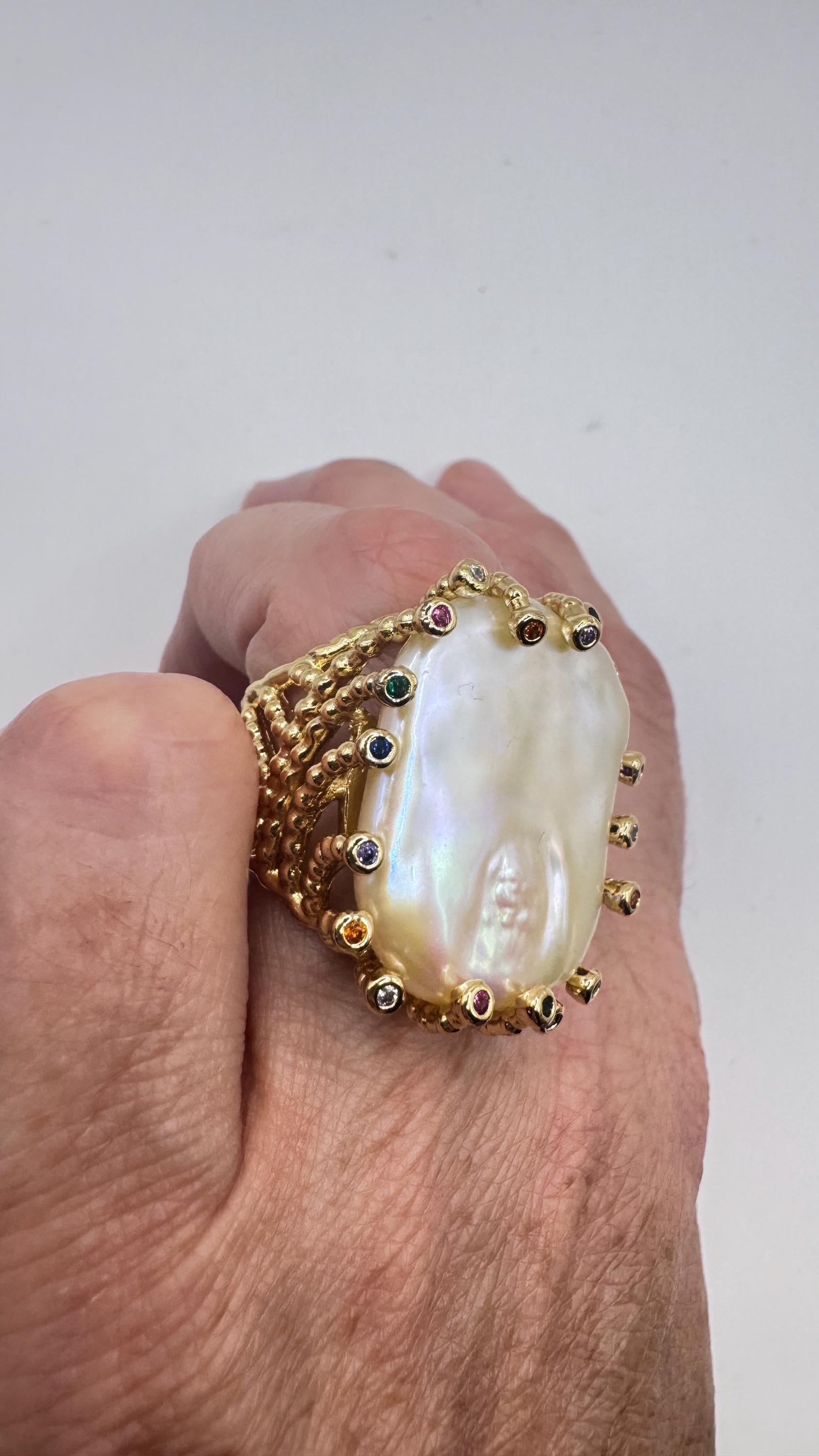 Vintage Biwa Pearl Ring Golden 925 Sterling Silver Cocktail Statement Adjustable